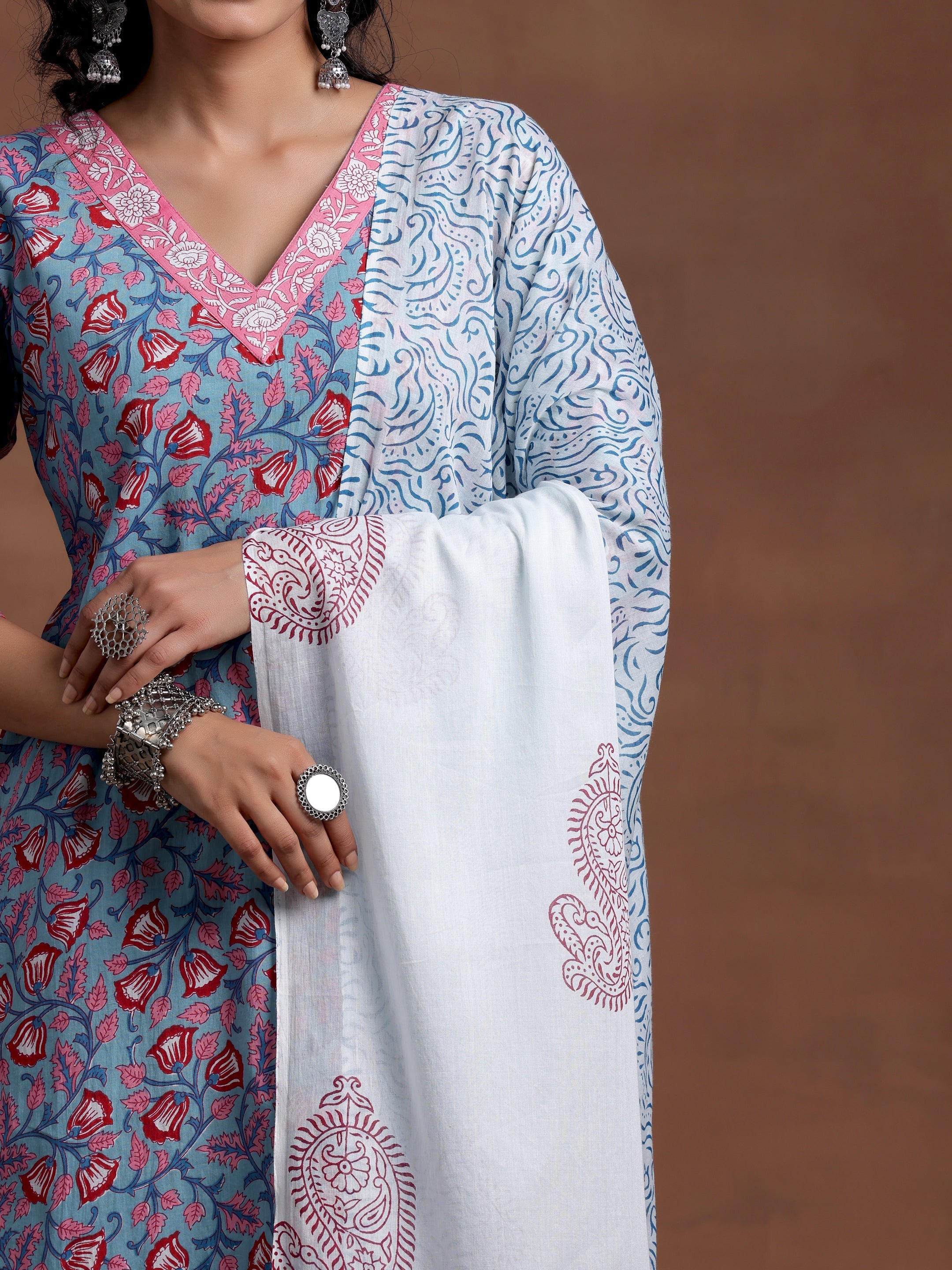 Blue Printed Cotton Straight Suit With Dupatta