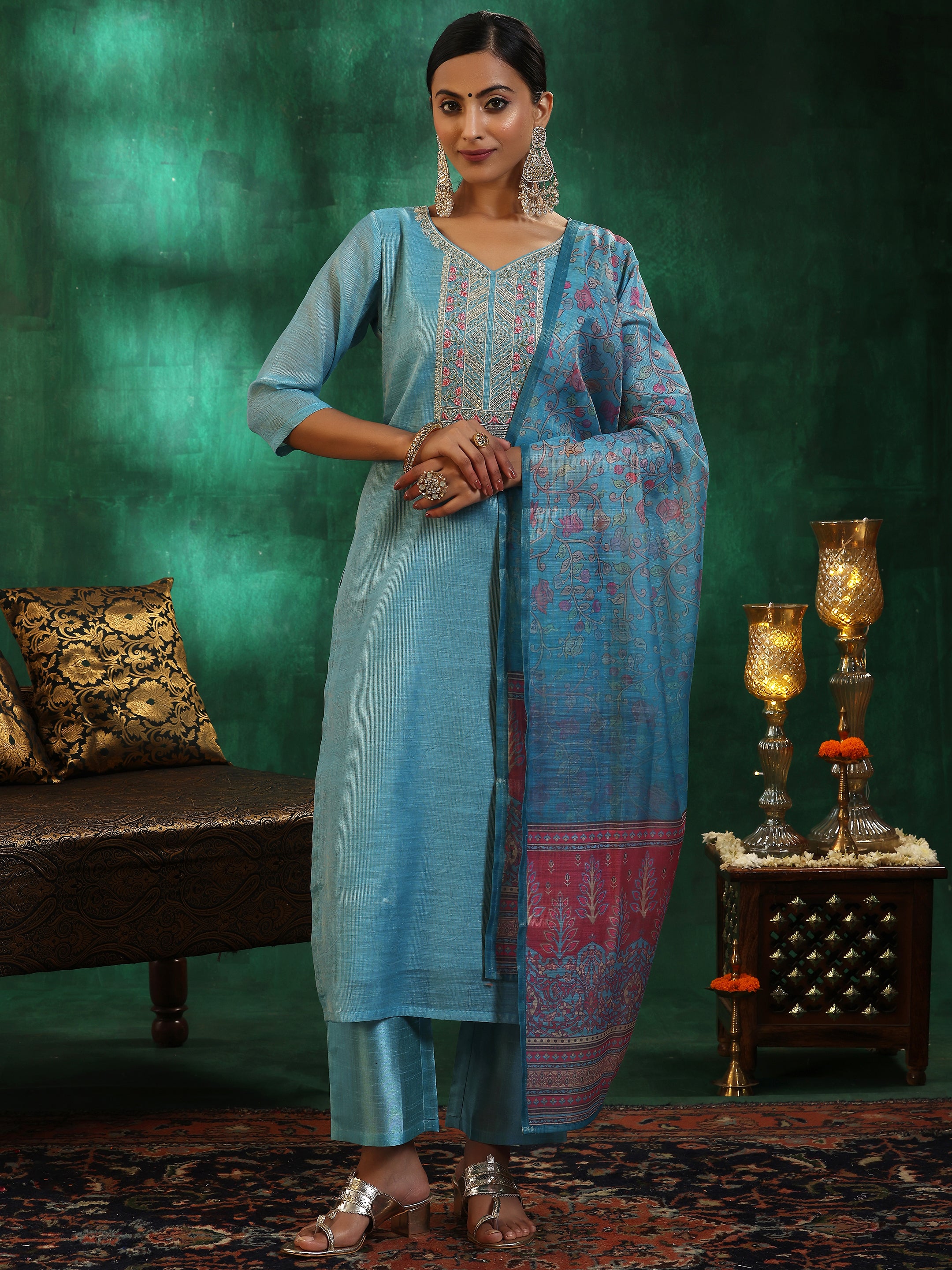 Turquoise Blue Yoke Design Silk Blend Straight Suit With Dupatta