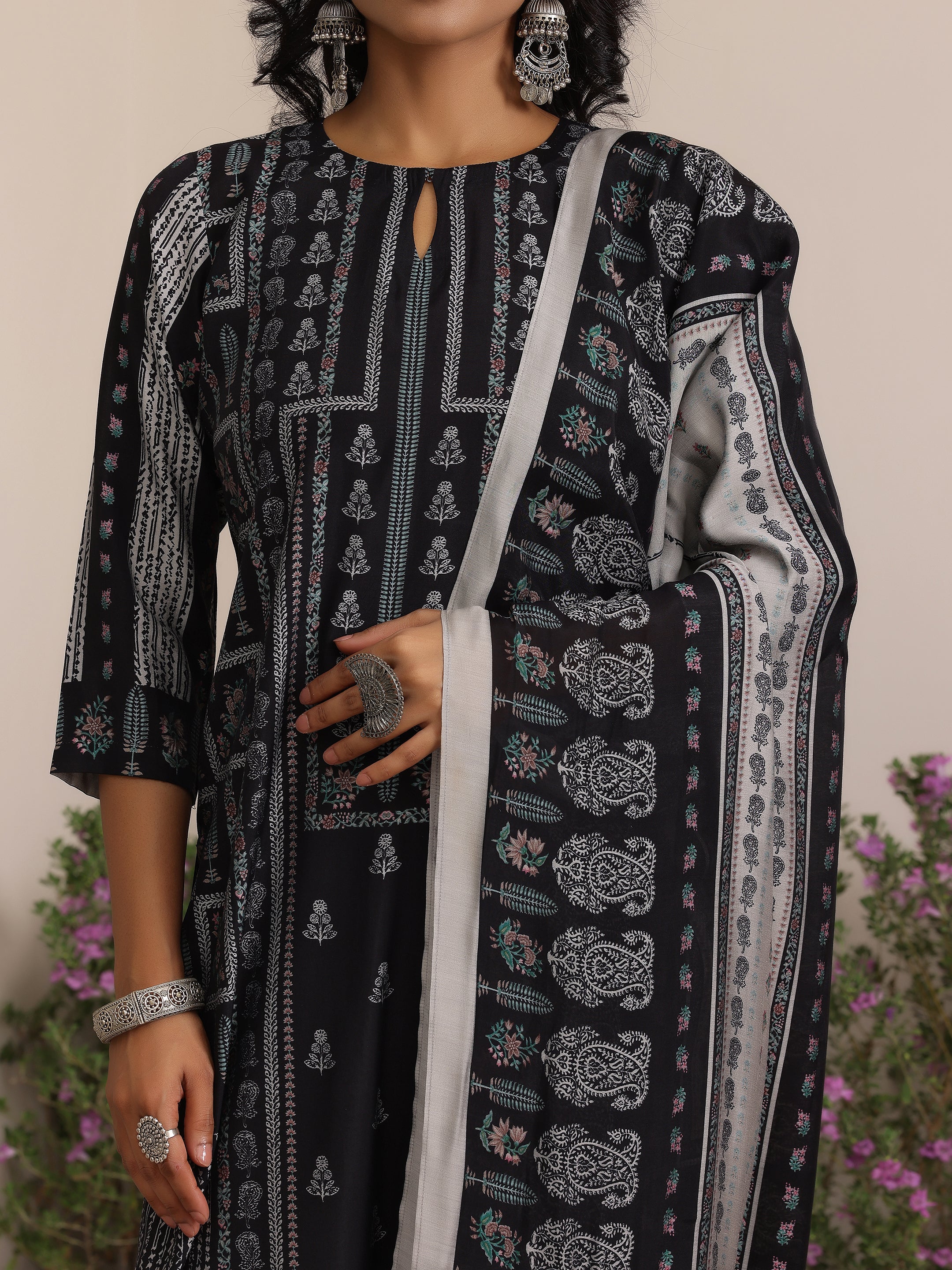 Black Printed Cotton Straight Suit With Dupatta