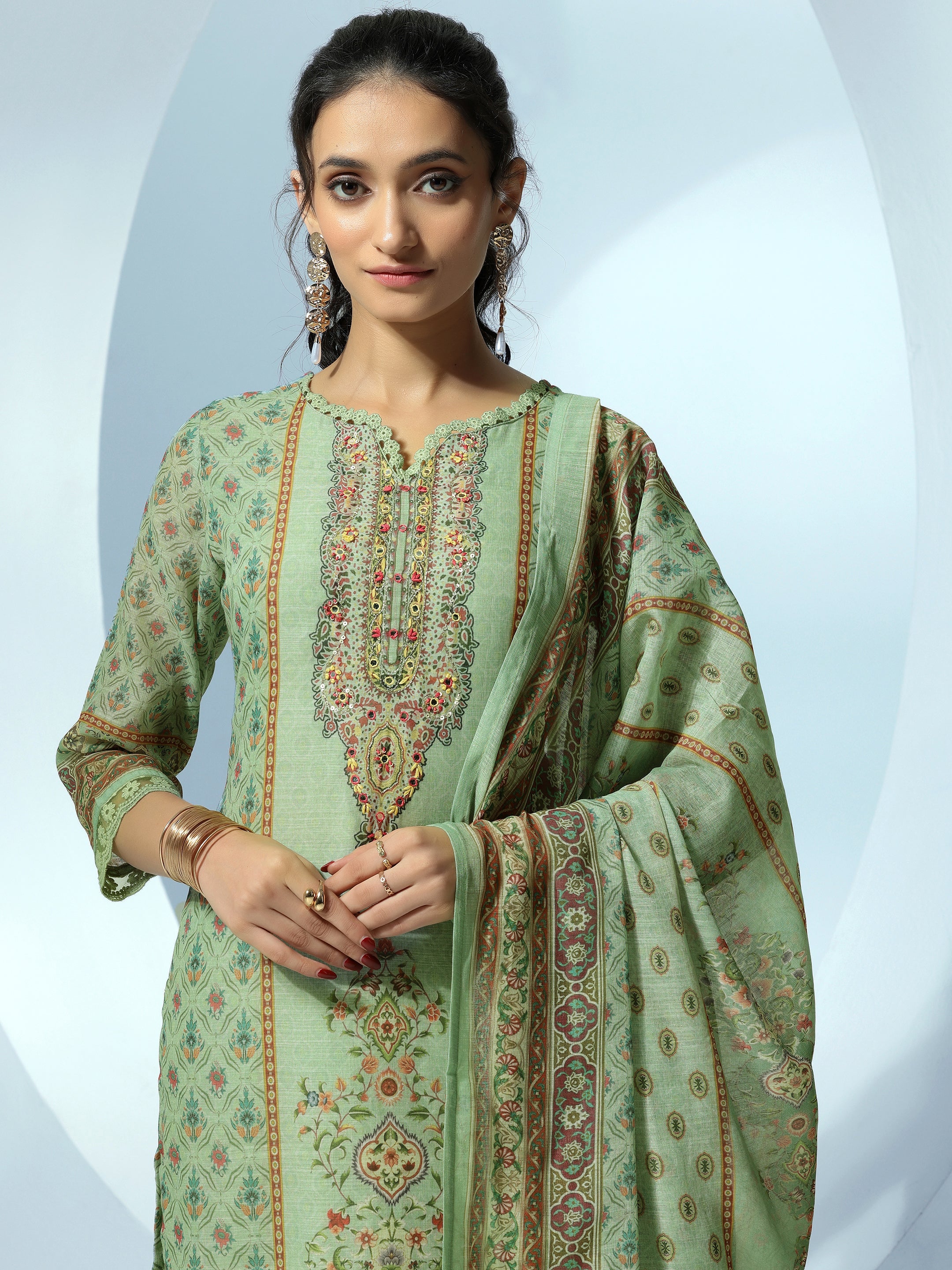 Green Printed Linen Straight Suit With Dupatta