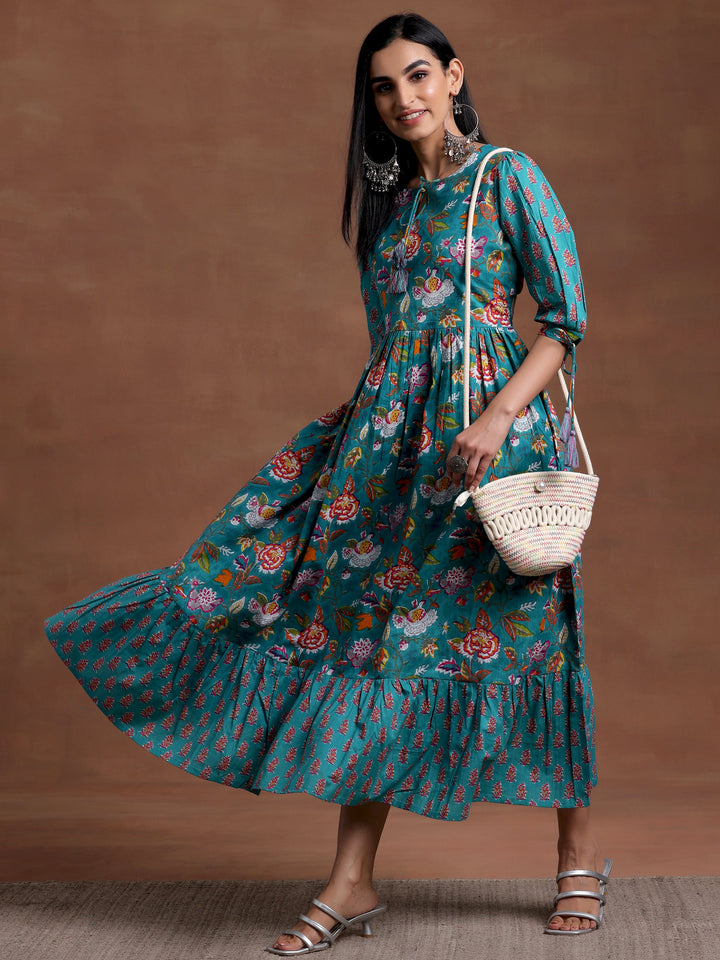 Blue Printed Cotton Fit and Flare Dress