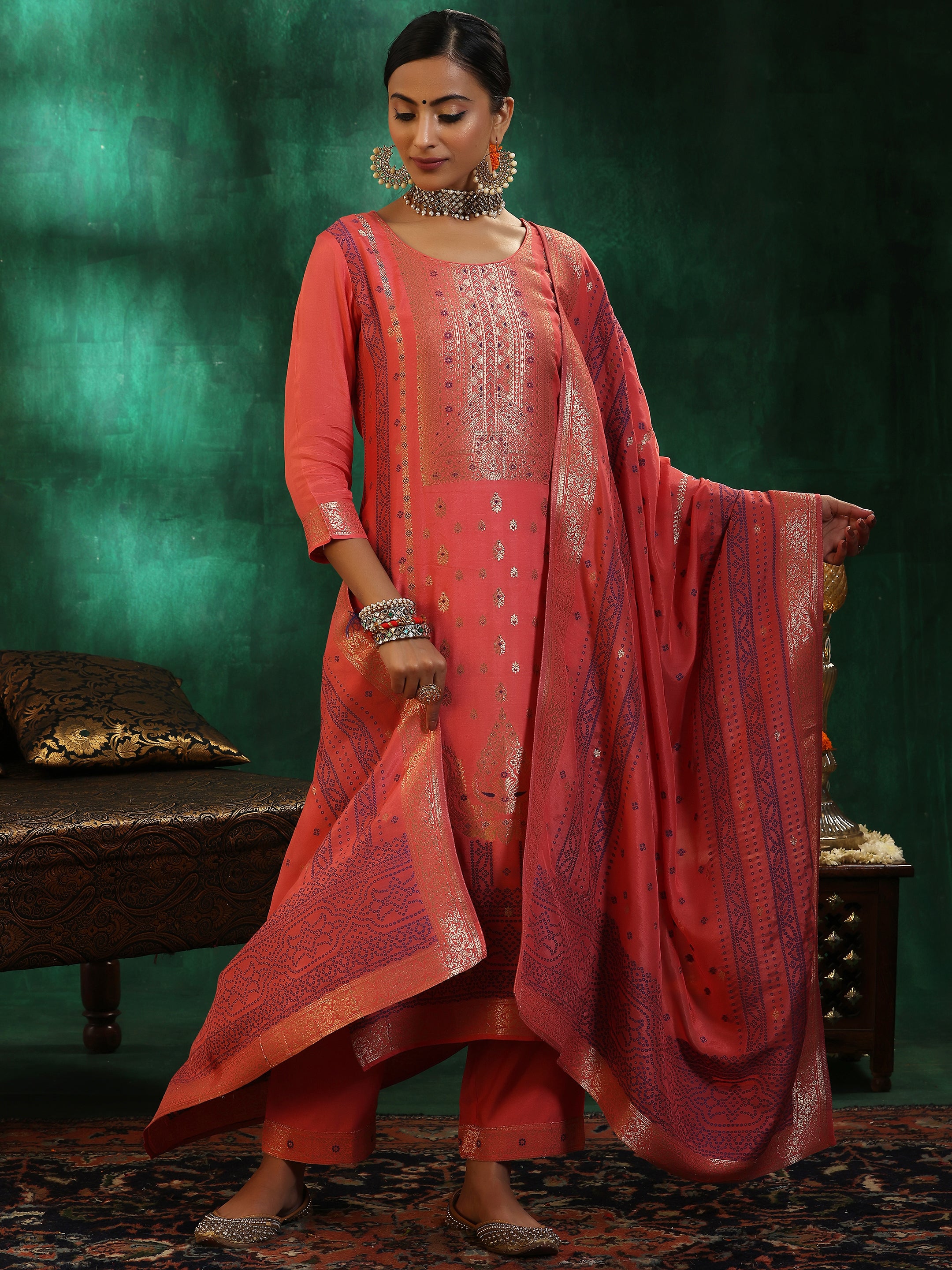 Peach Woven Design Silk Blend Straight Suit With Dupatta