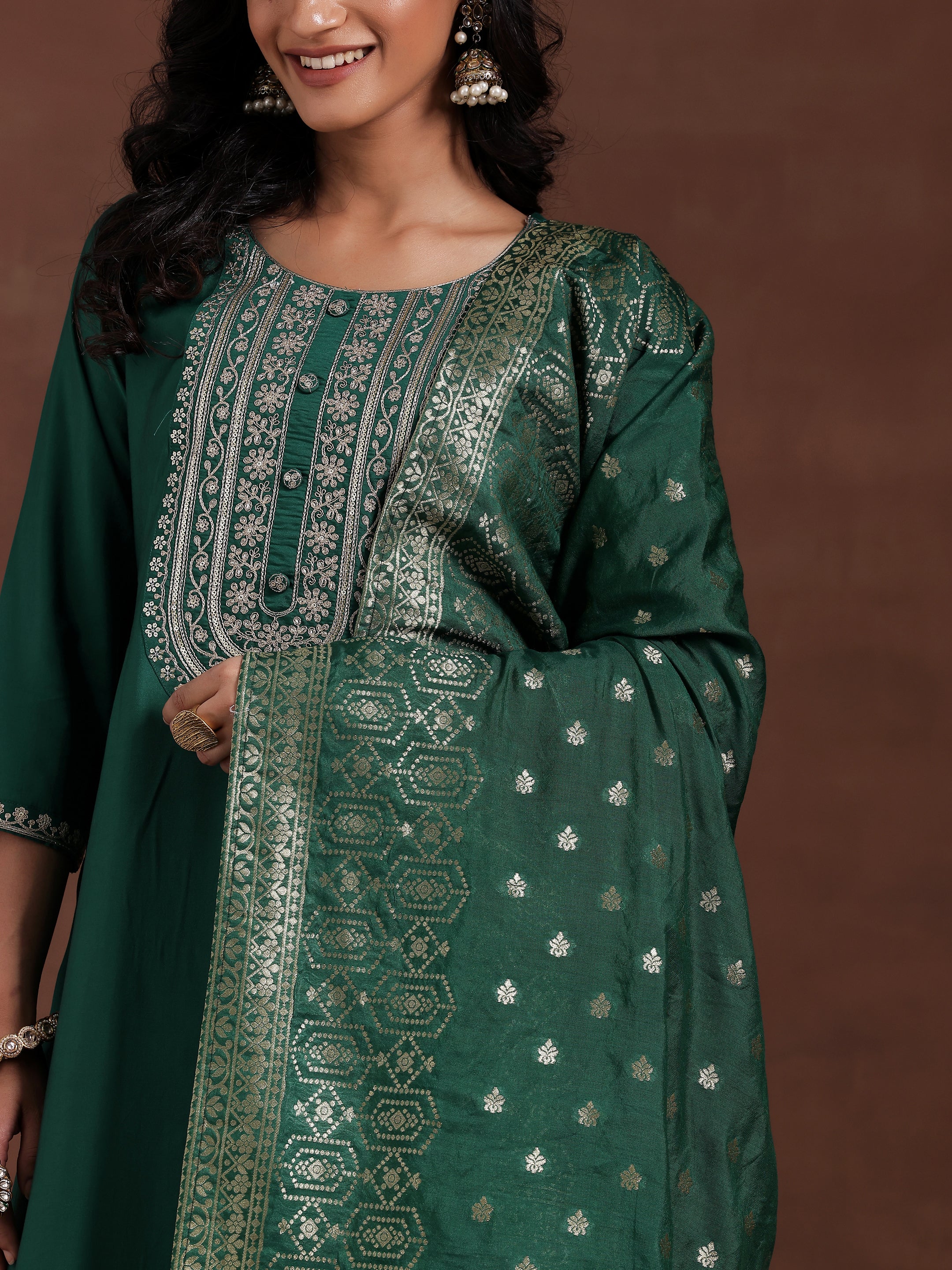 Green Yoke Design Silk Blend Straight Suit With Dupatta