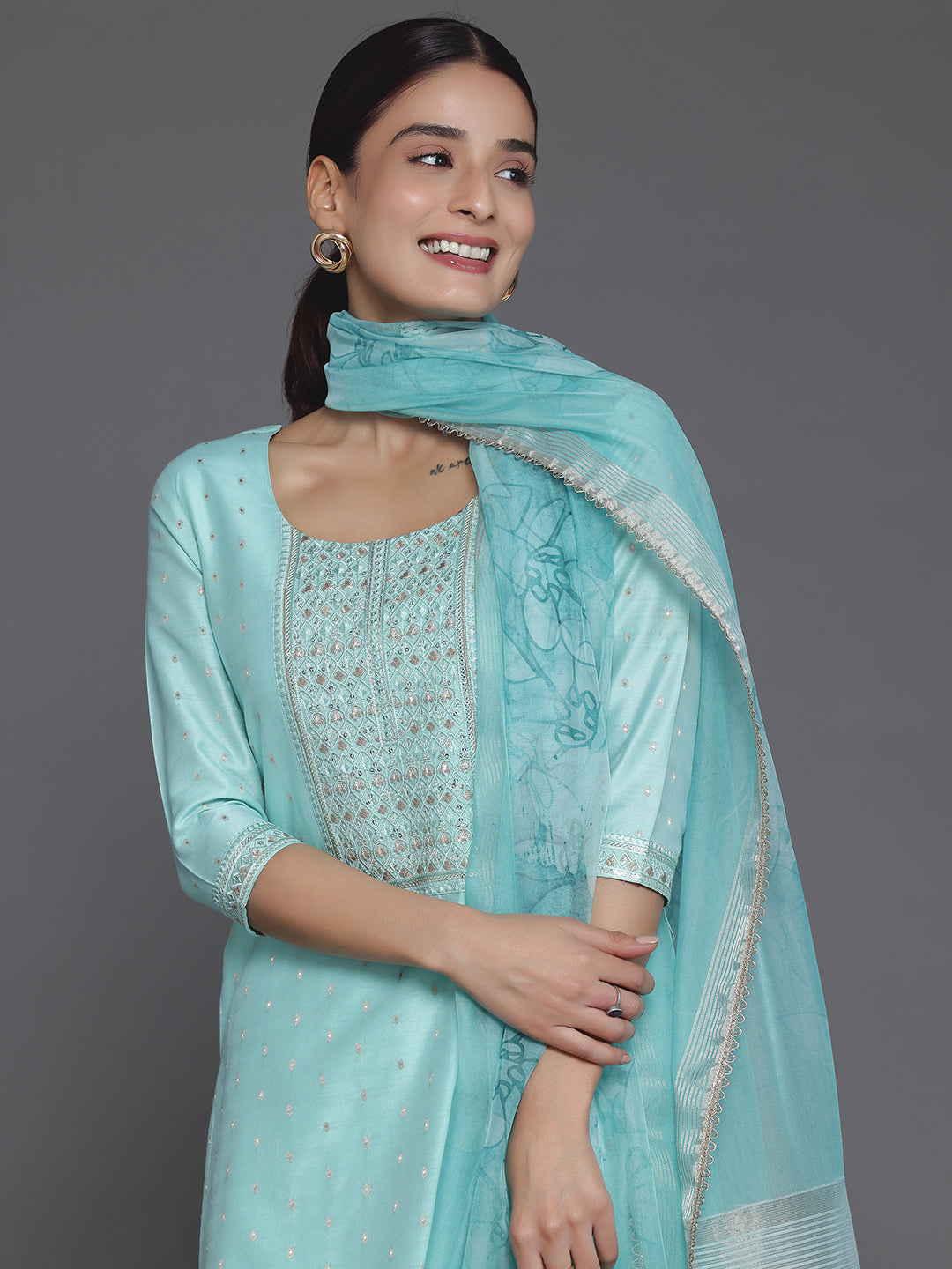 Turquoise Yoke Design Silk Blend Straight Suit With Dupatta