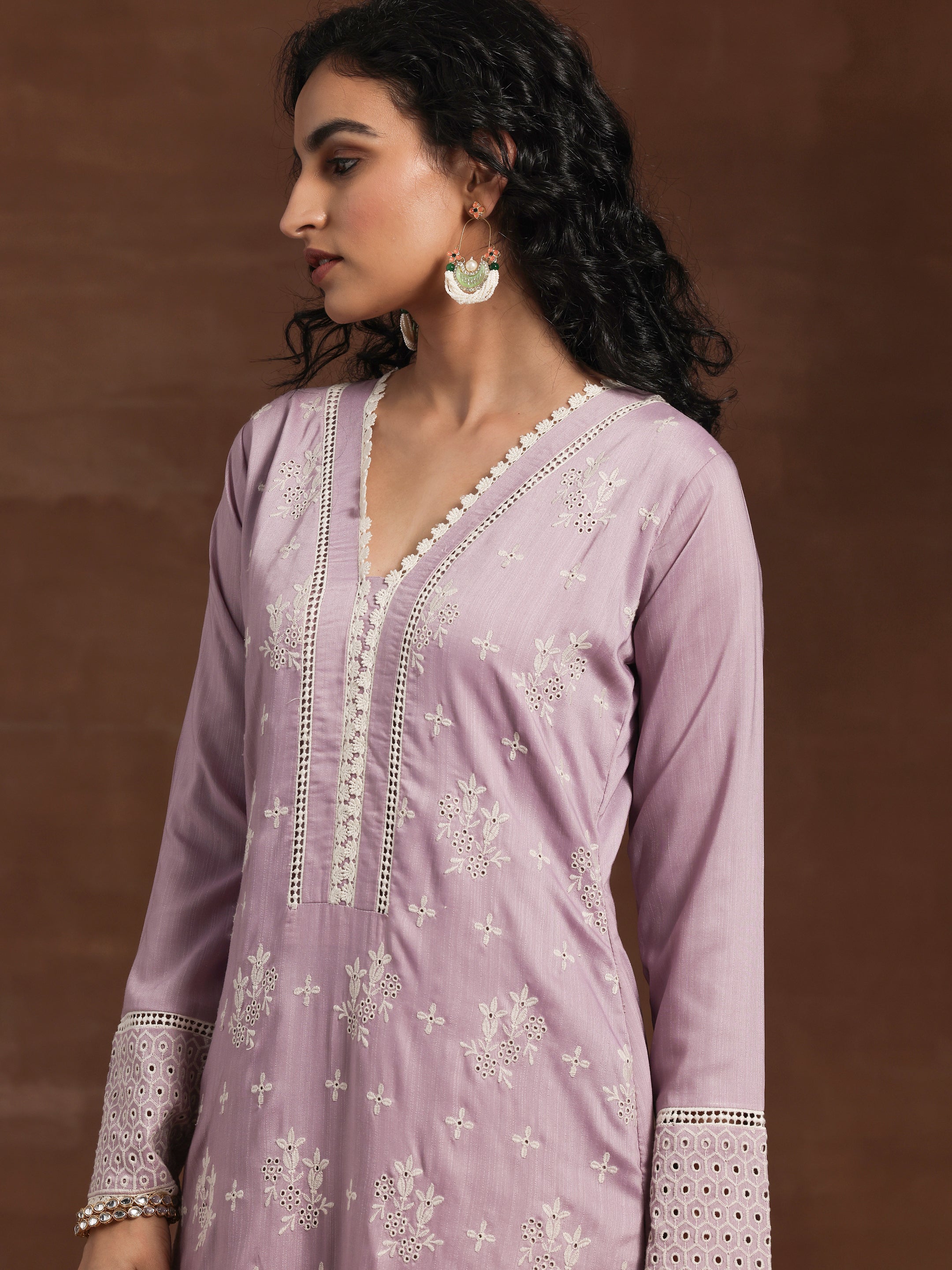 Lilac Embroidered Silk Blend Straight Suit With Dupatta