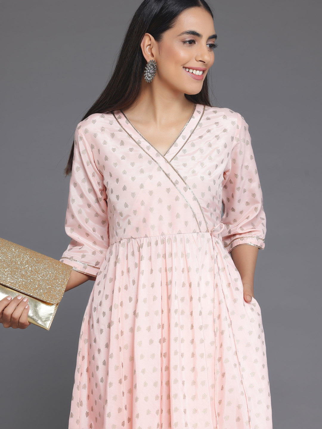 Peach Printed Silk Blend Anarkali Kurta Set