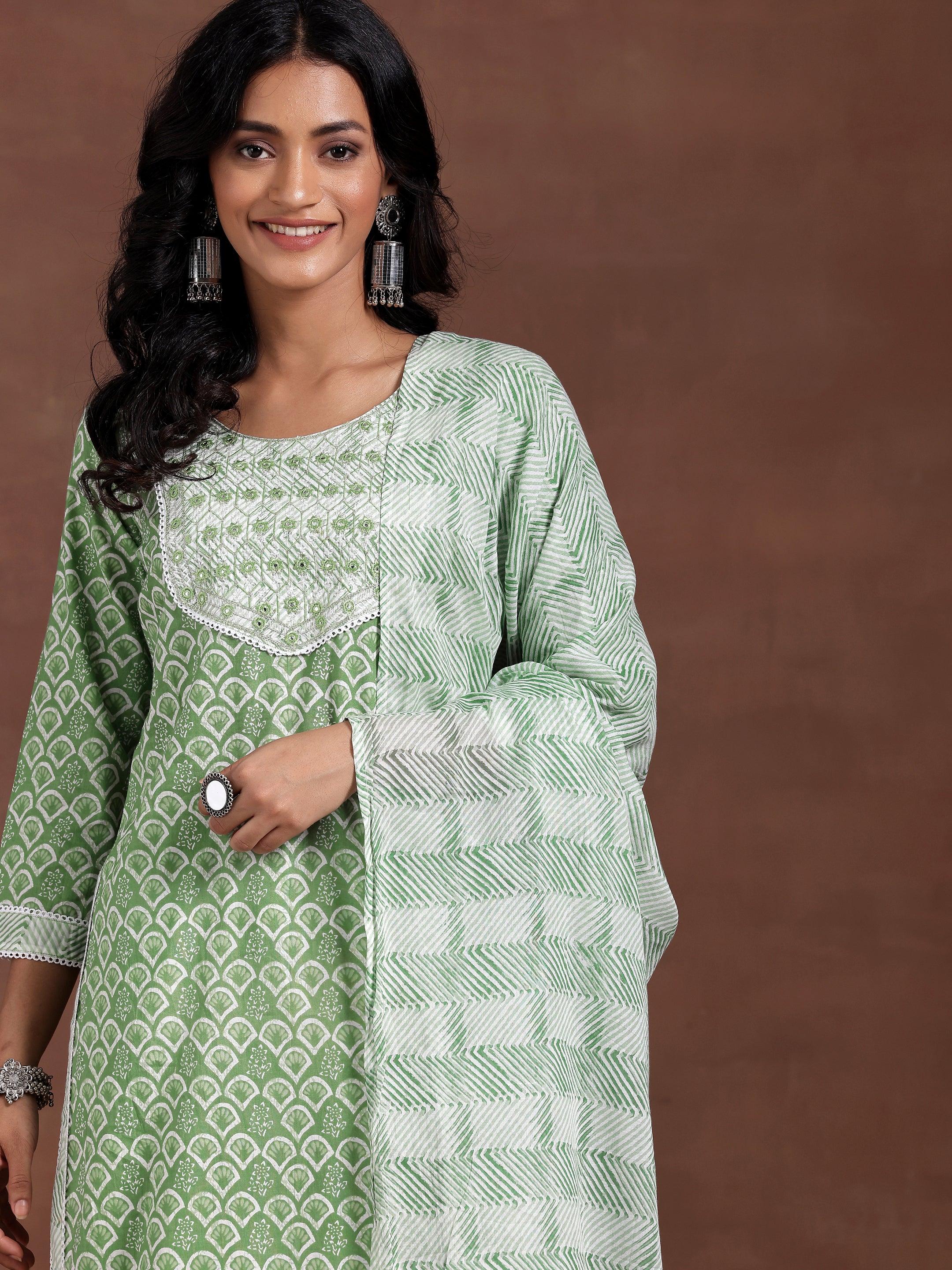 Green Printed Cotton Straight Suit With Dupatta