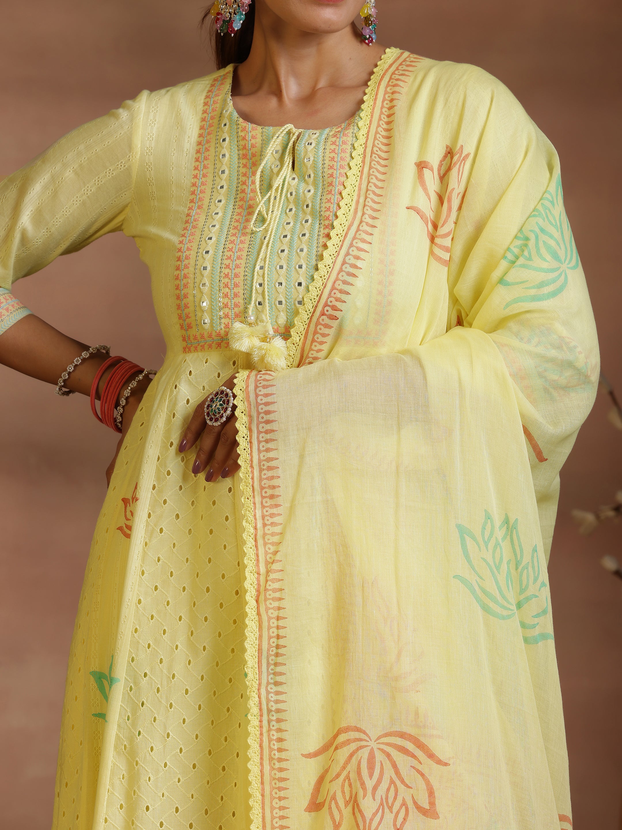 Yellow Embroidered Cotton A-Line Kurta With Trousers & Dupatta