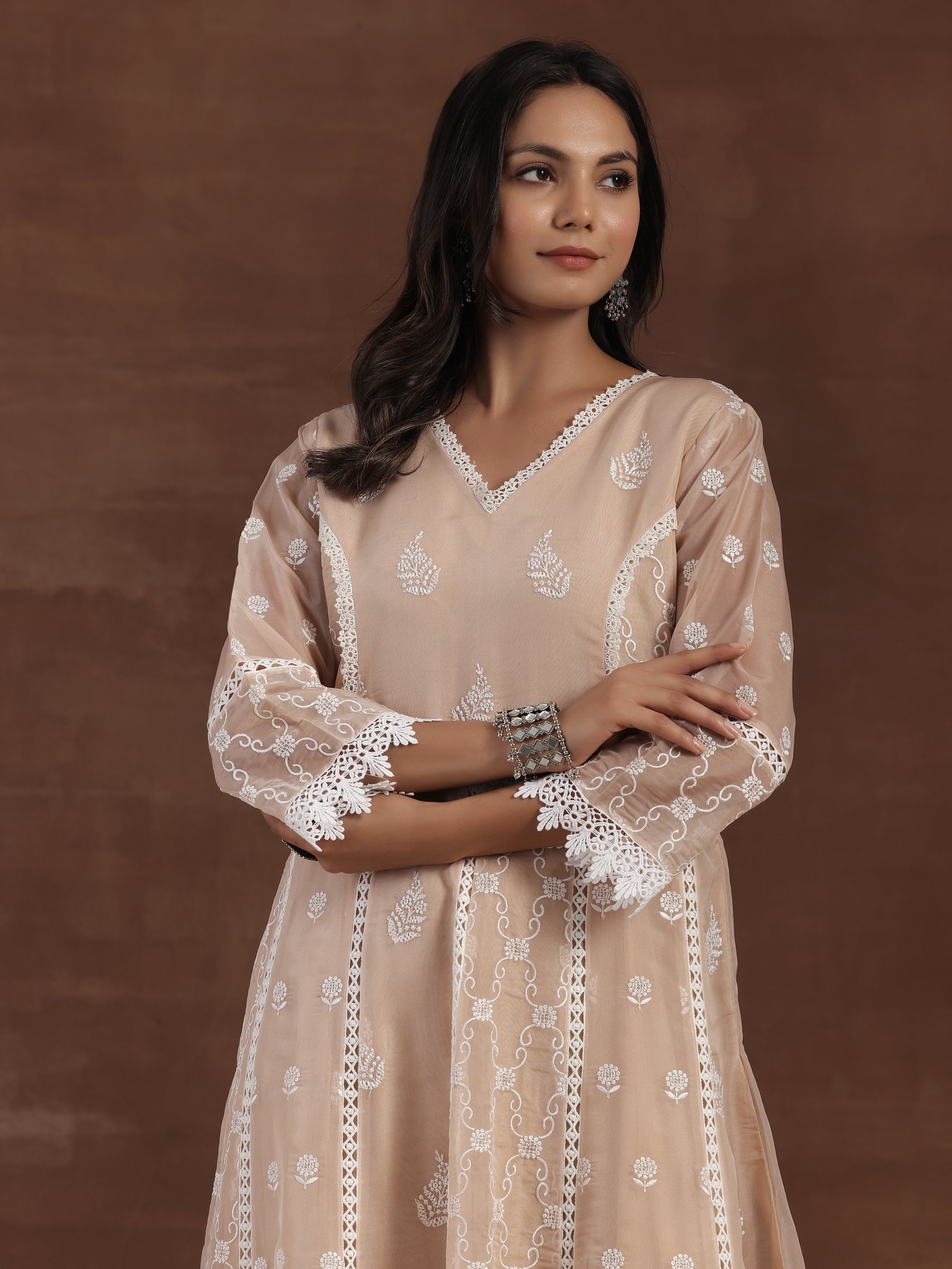 Nude Embroidered Organza A-Line Kurta With Palazzos & Dupatta