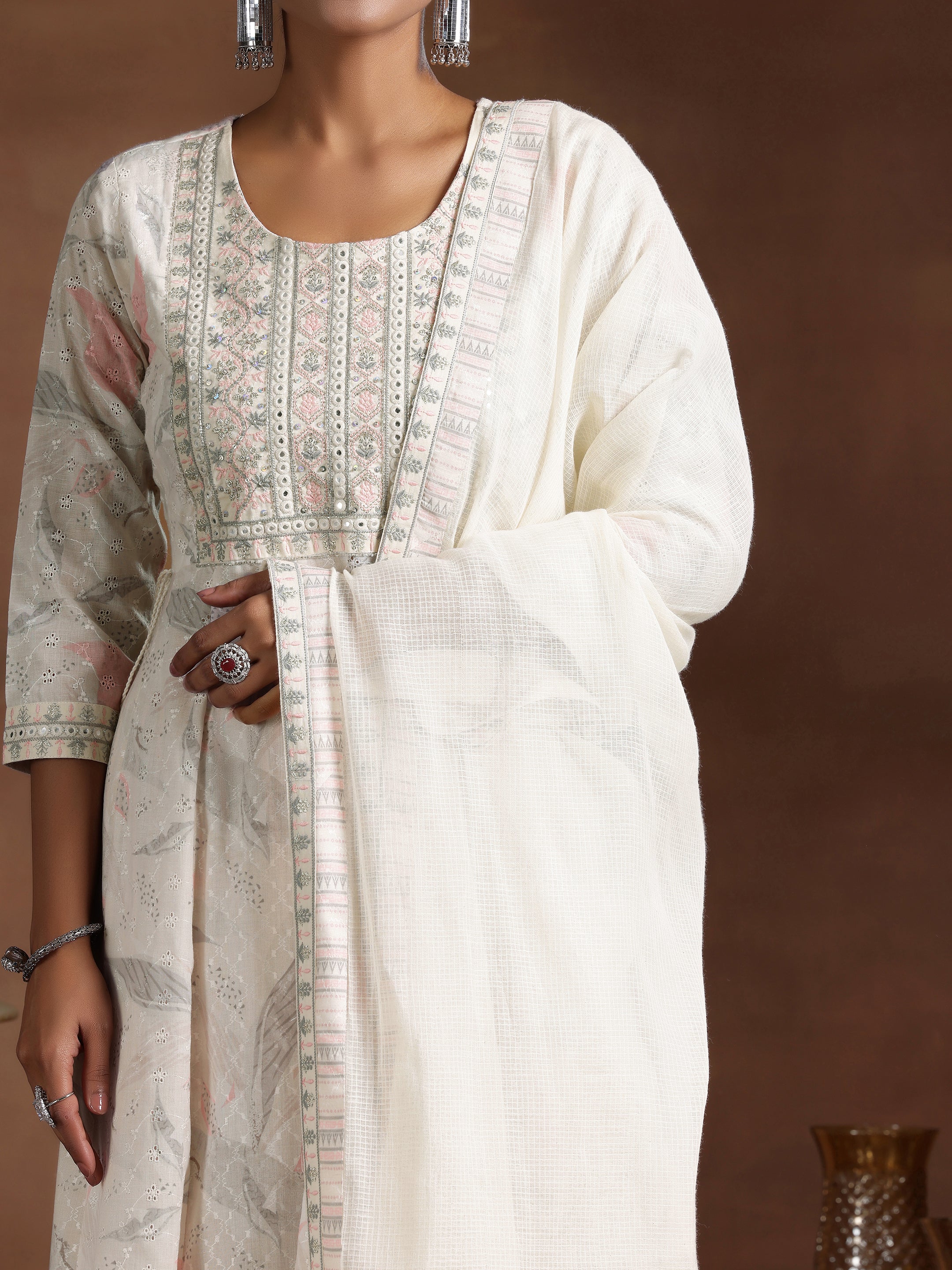 Off White Embroidered Cotton A-line Kurta  With Trousers & Dupatta