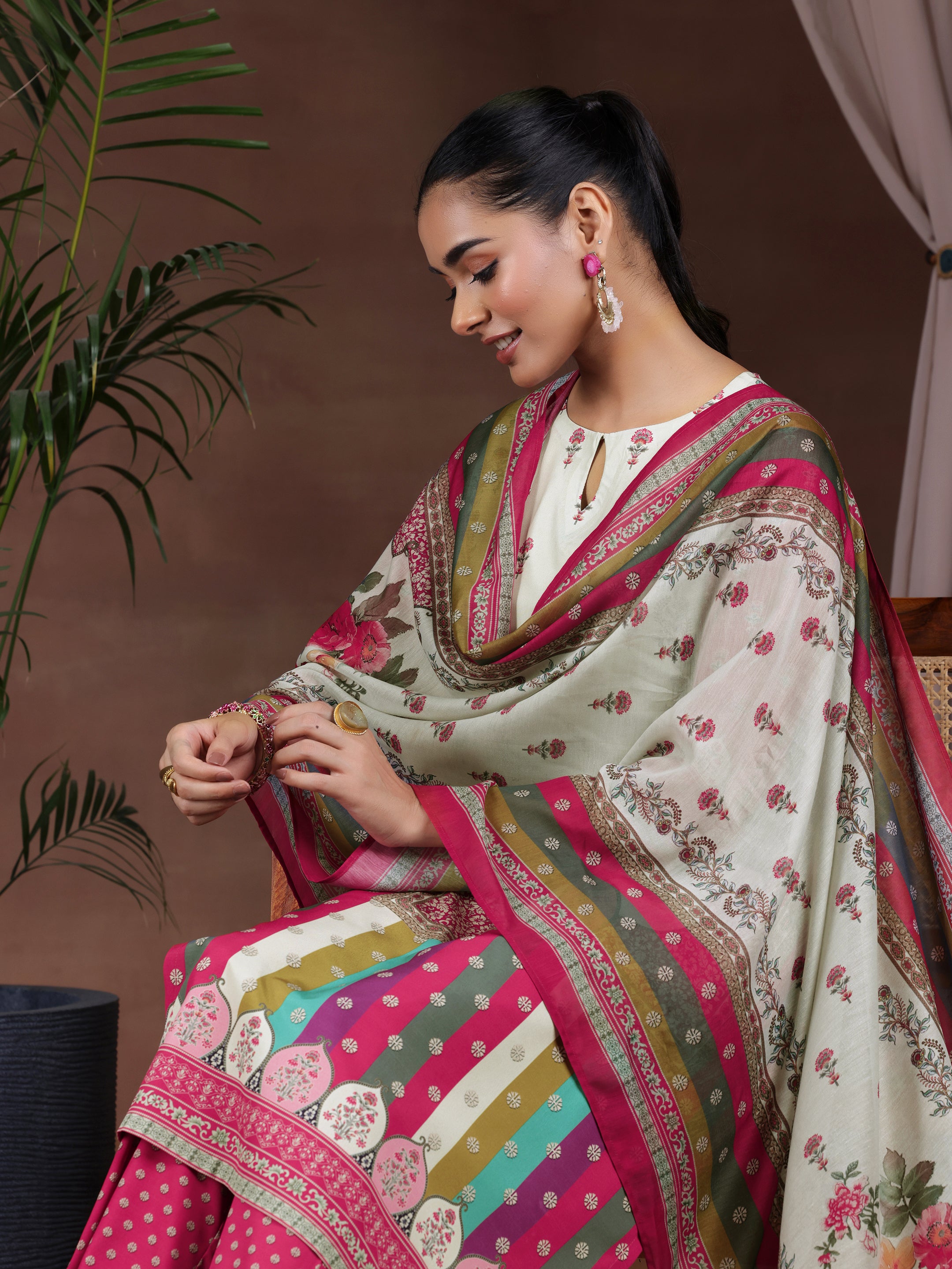 Off White Printed Poly Crepe Straight Suit With Dupatta