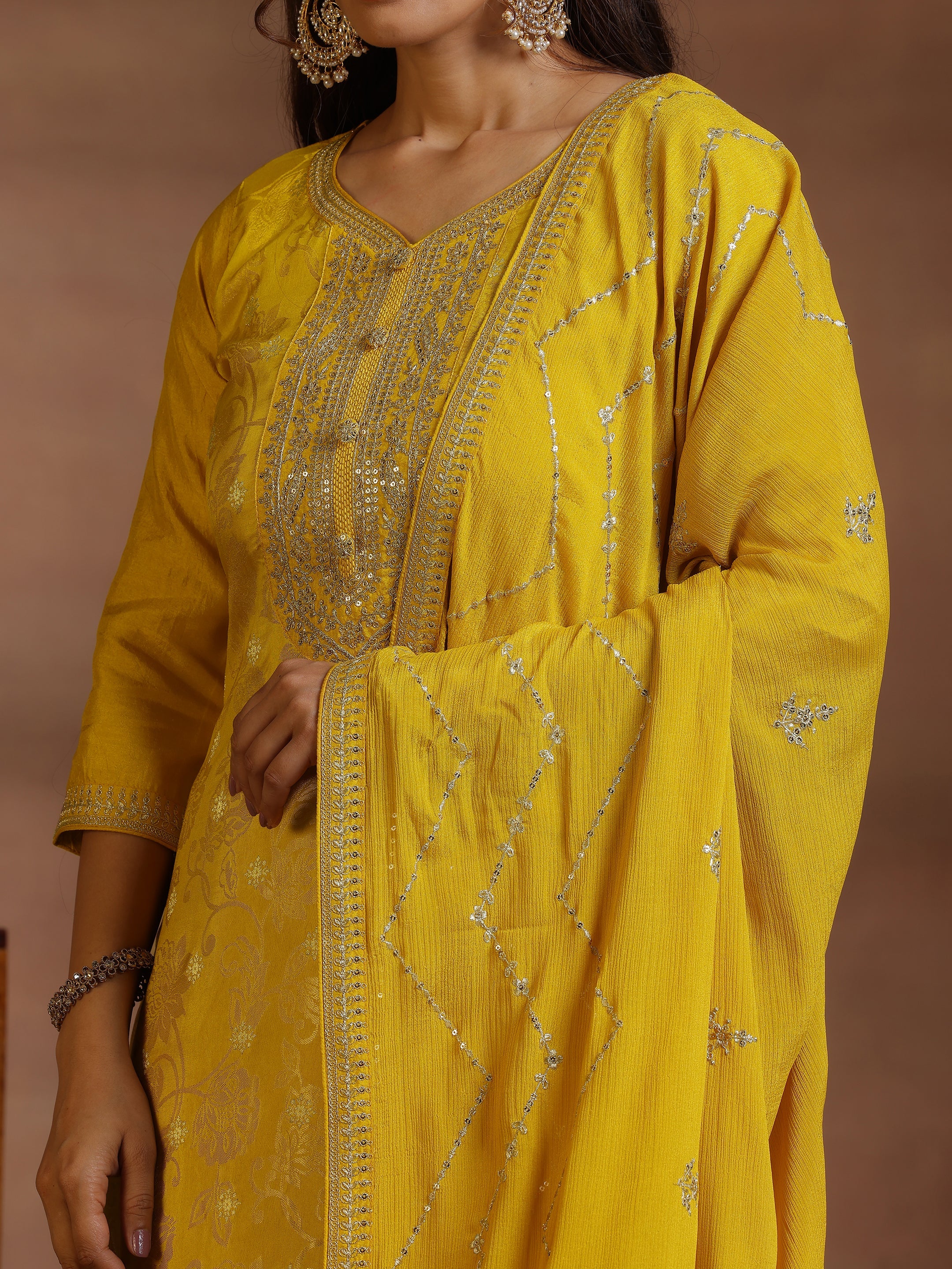 Mustard Woven Design Silk Blend Straight Suit With Dupatta