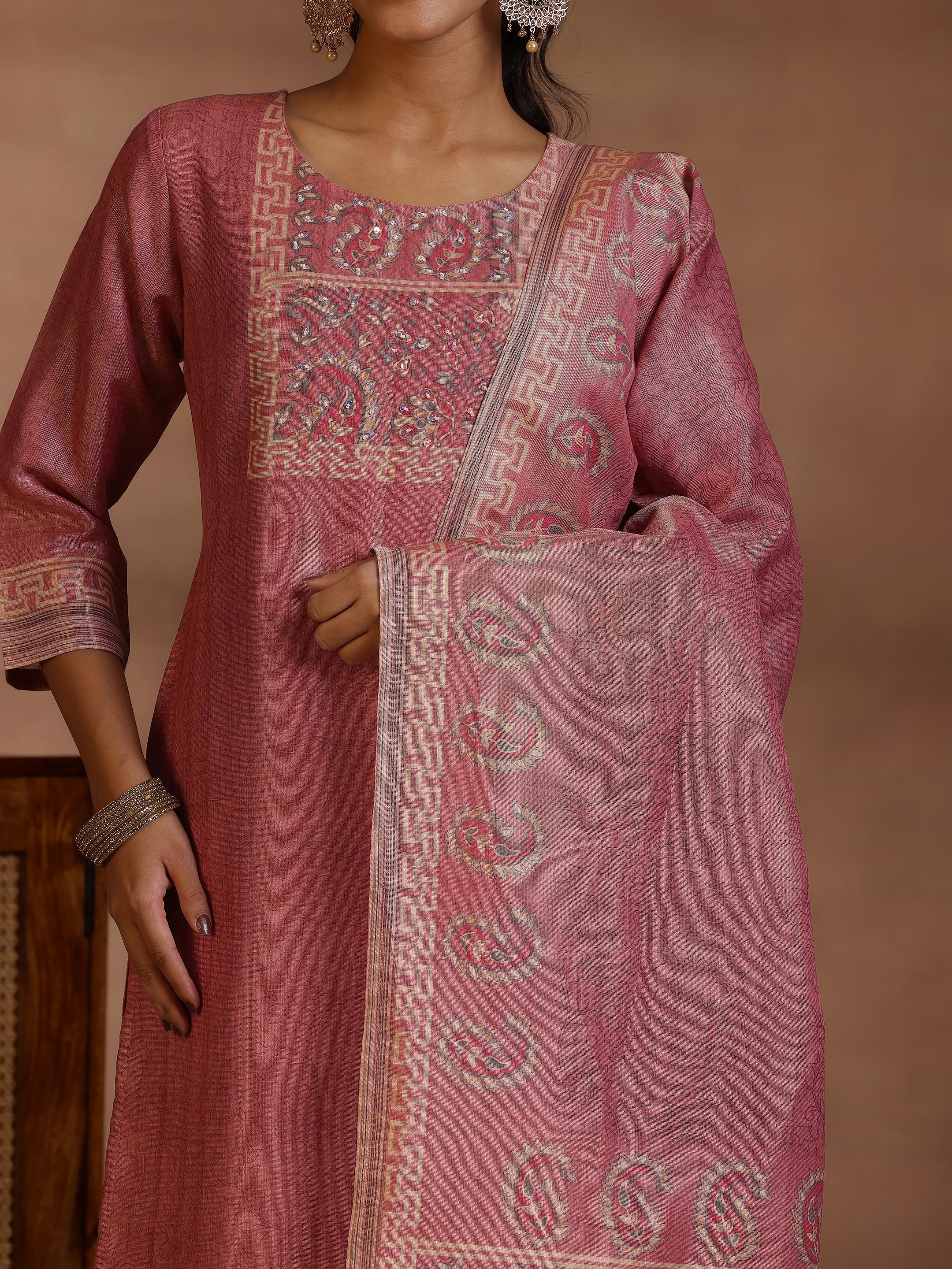 Pink Printed Silk Straight Suit With Dupatta