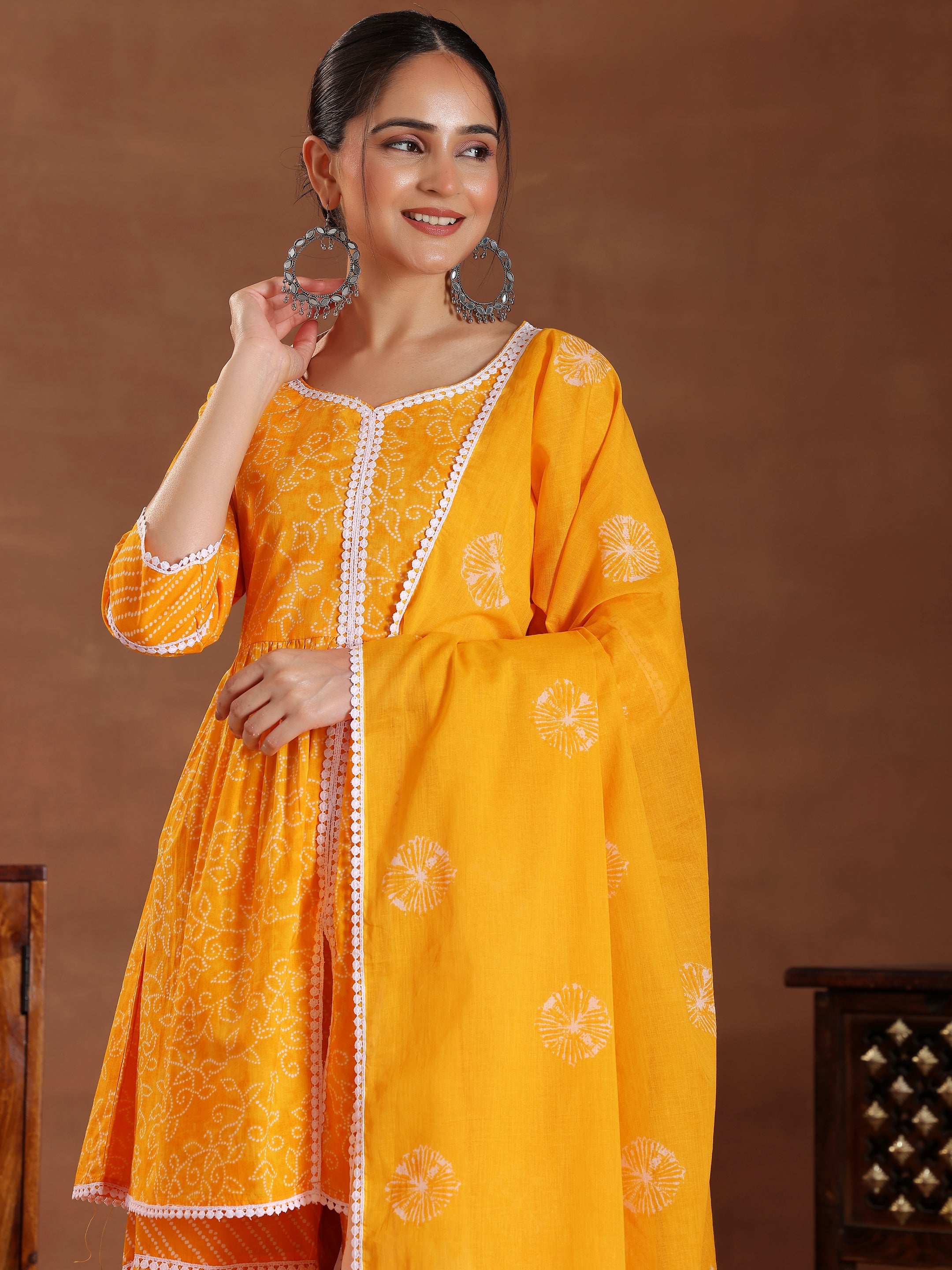 Mustard Printed Pure Cotton A-Line Kurti With Sharara & Dupatta