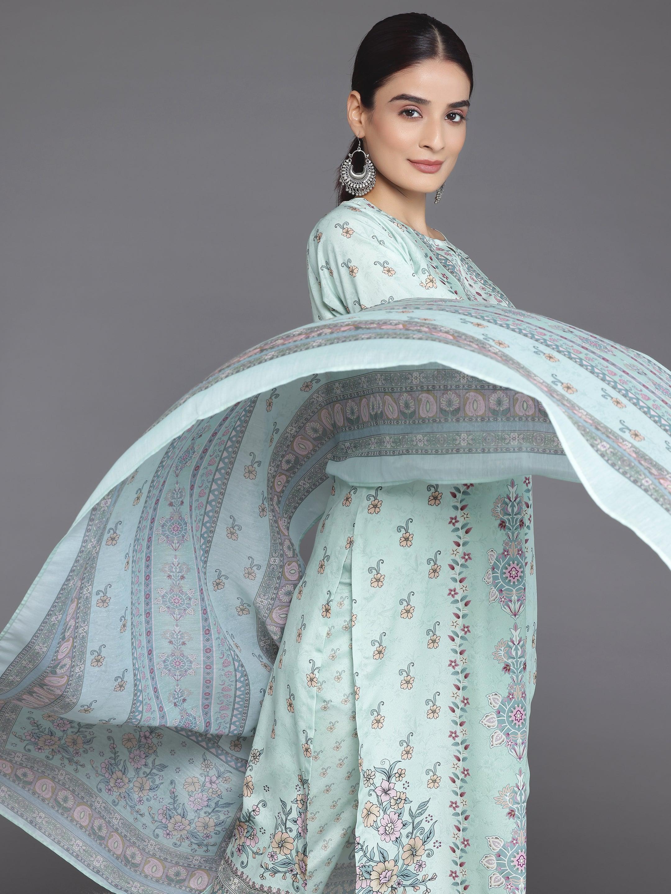 Green Printed Poly Crepe Straight Suit With Dupatta