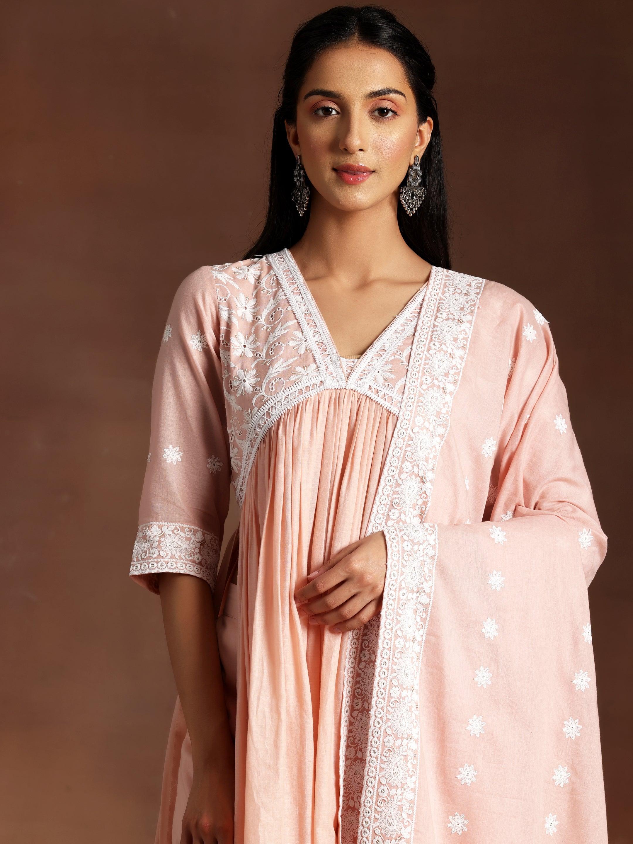 Peach Embroidered Cotton A-Line Kurta With Palazzos & Dupatta