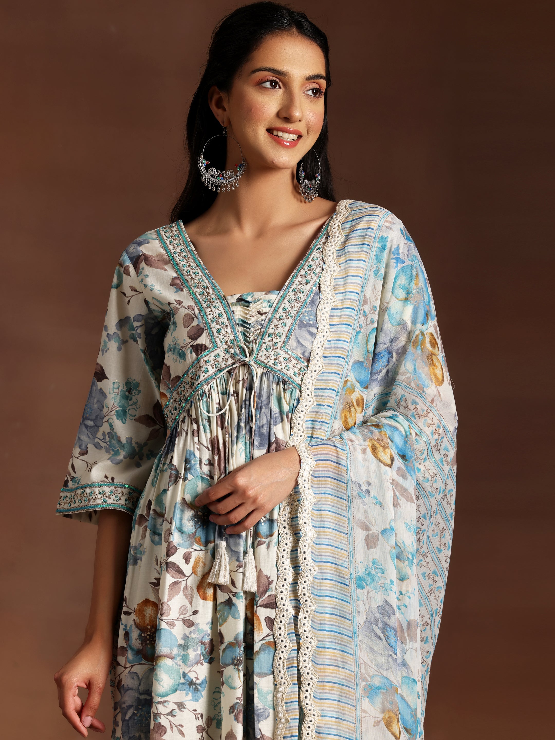 Off white Printed Silk Blend A-Line Kurta With Palazzos & Dupatta