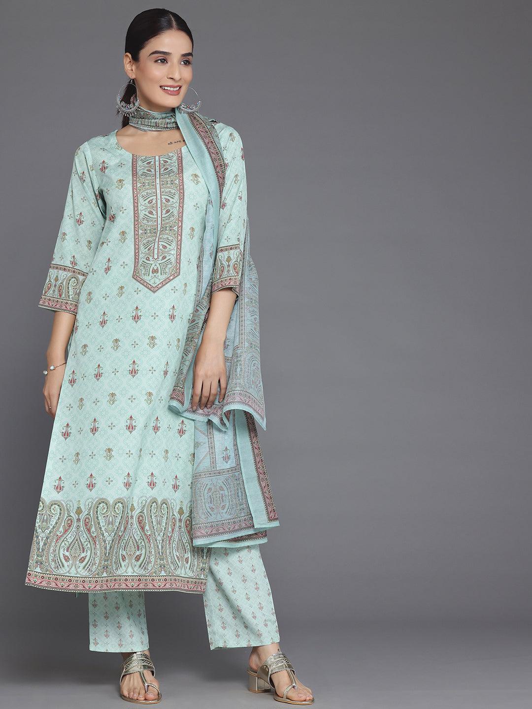 Green Printed Poly Crepe Straight Suit With Dupatta