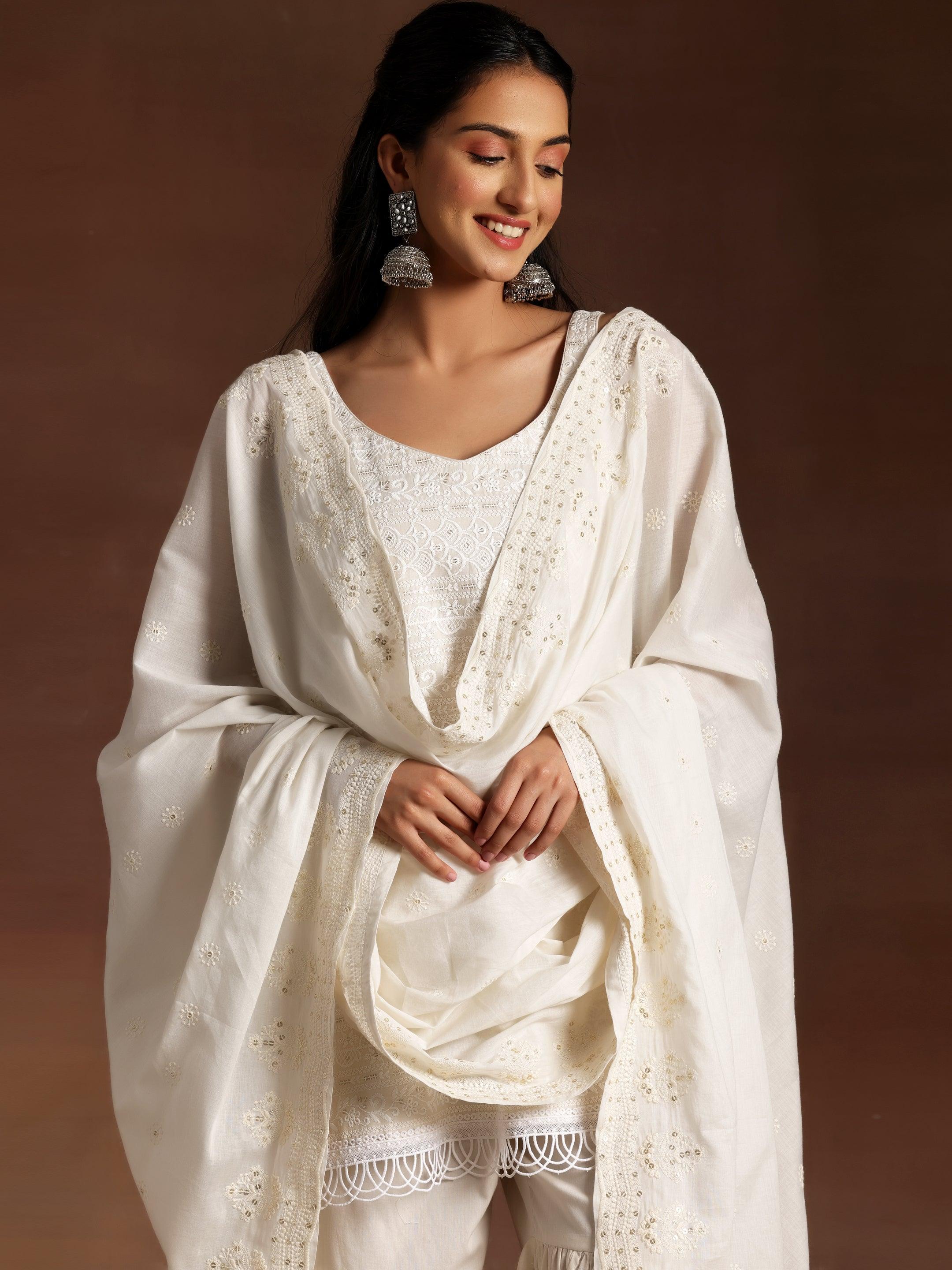 Off White Embroidered Cotton Straight Suit With Dupatta