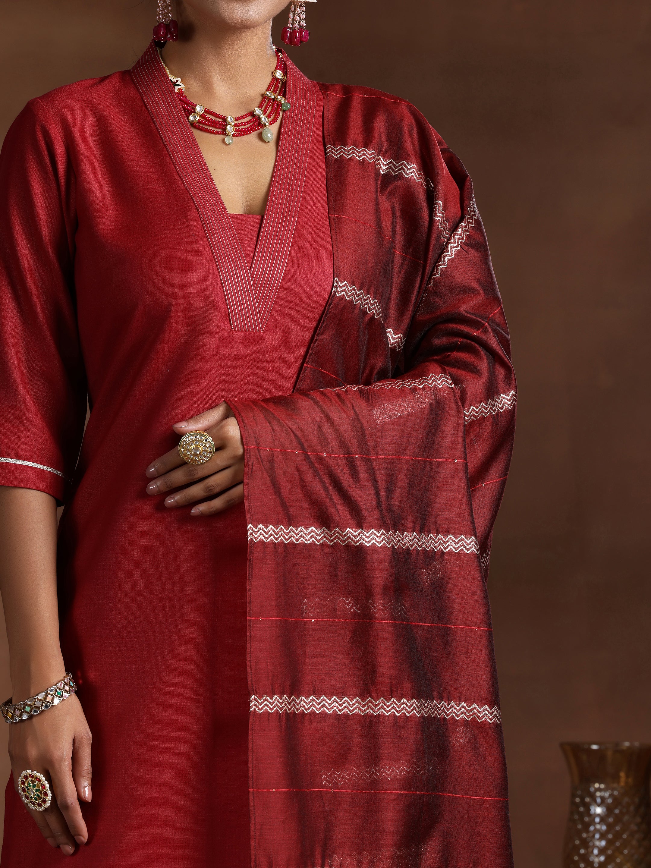 Maroon Solid Silk Blend Straight Suit With Dupatta