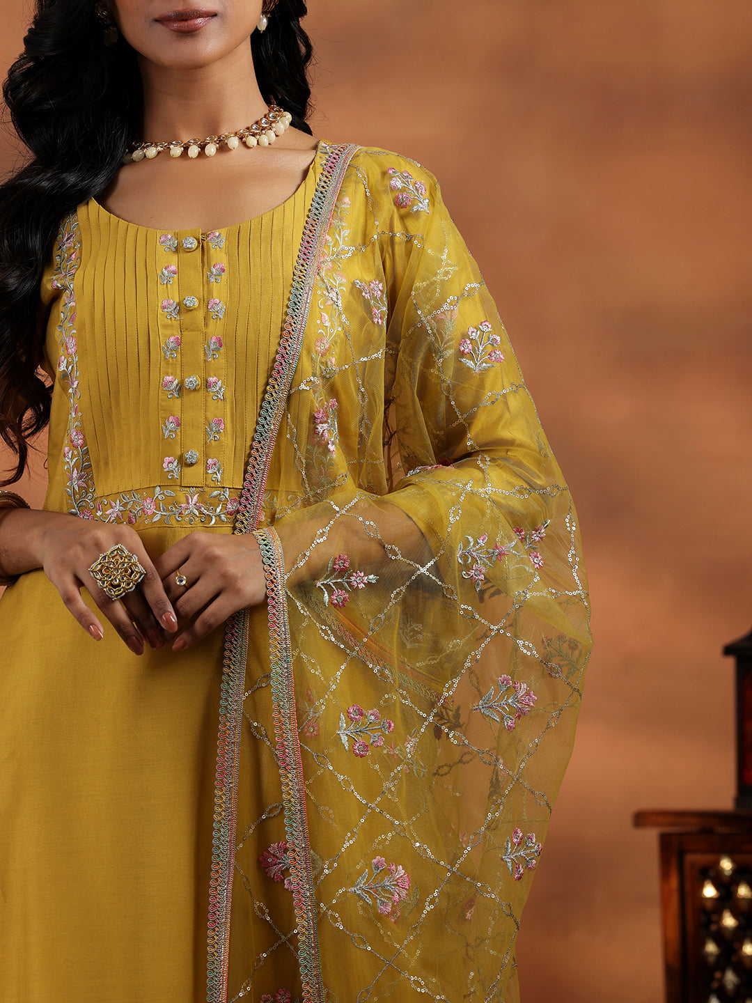 Mustard Yoke Design Silk Blend Straight Suit With Dupatta