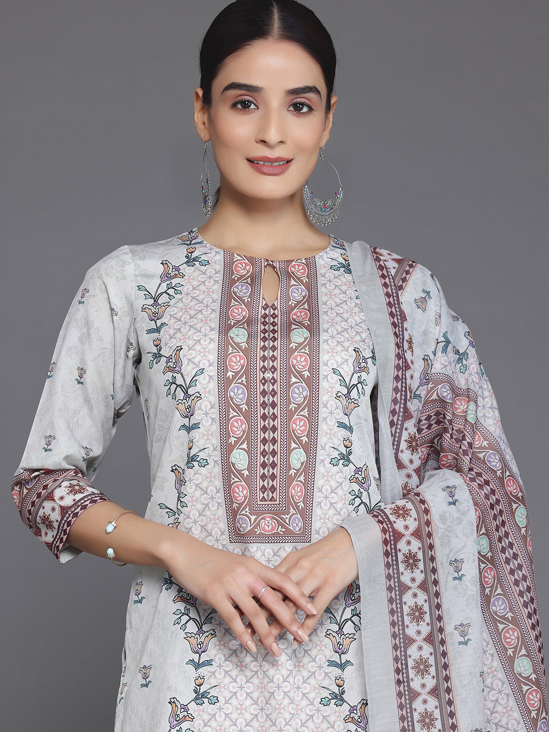 Grey Printed Poly Crepe Straight Suit With Dupatta