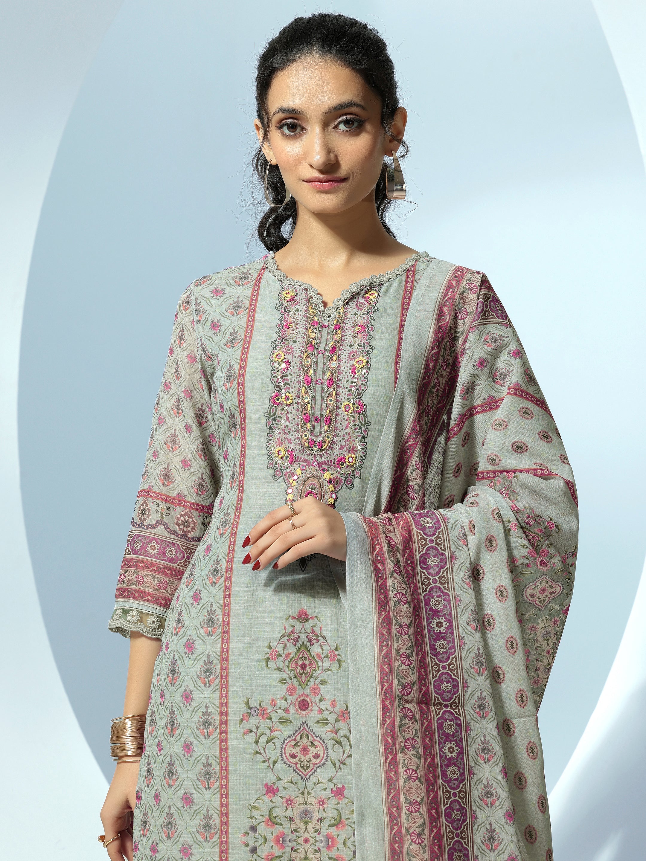 Grey Printed Linen Straight Suit With Dupatta