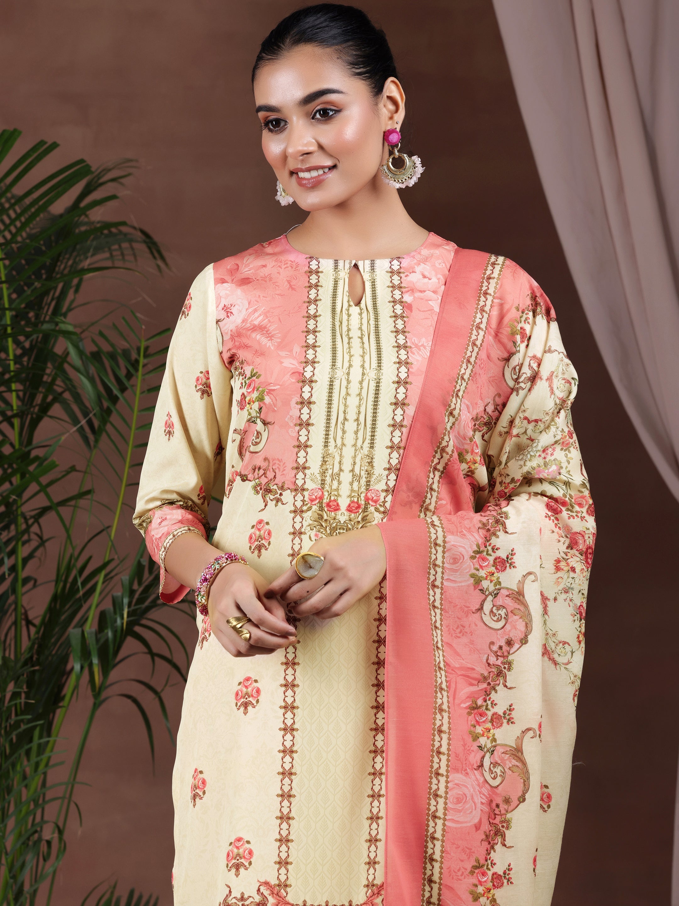 Beige Printed Poly Crepe Straight Suit With Dupatta