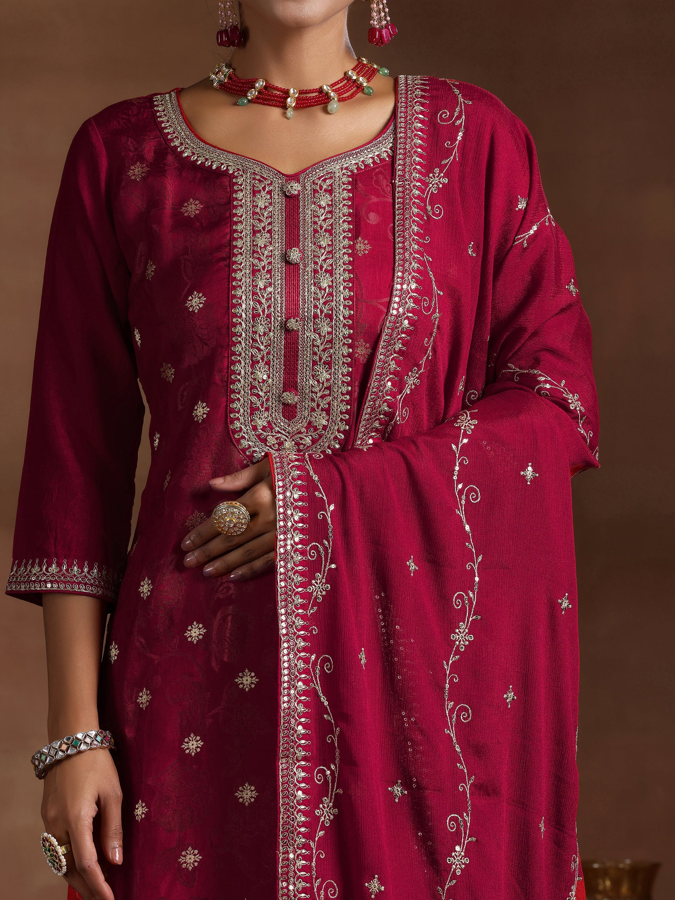 Maroon Woven Design Silk Blend Straight Suit With Dupatta