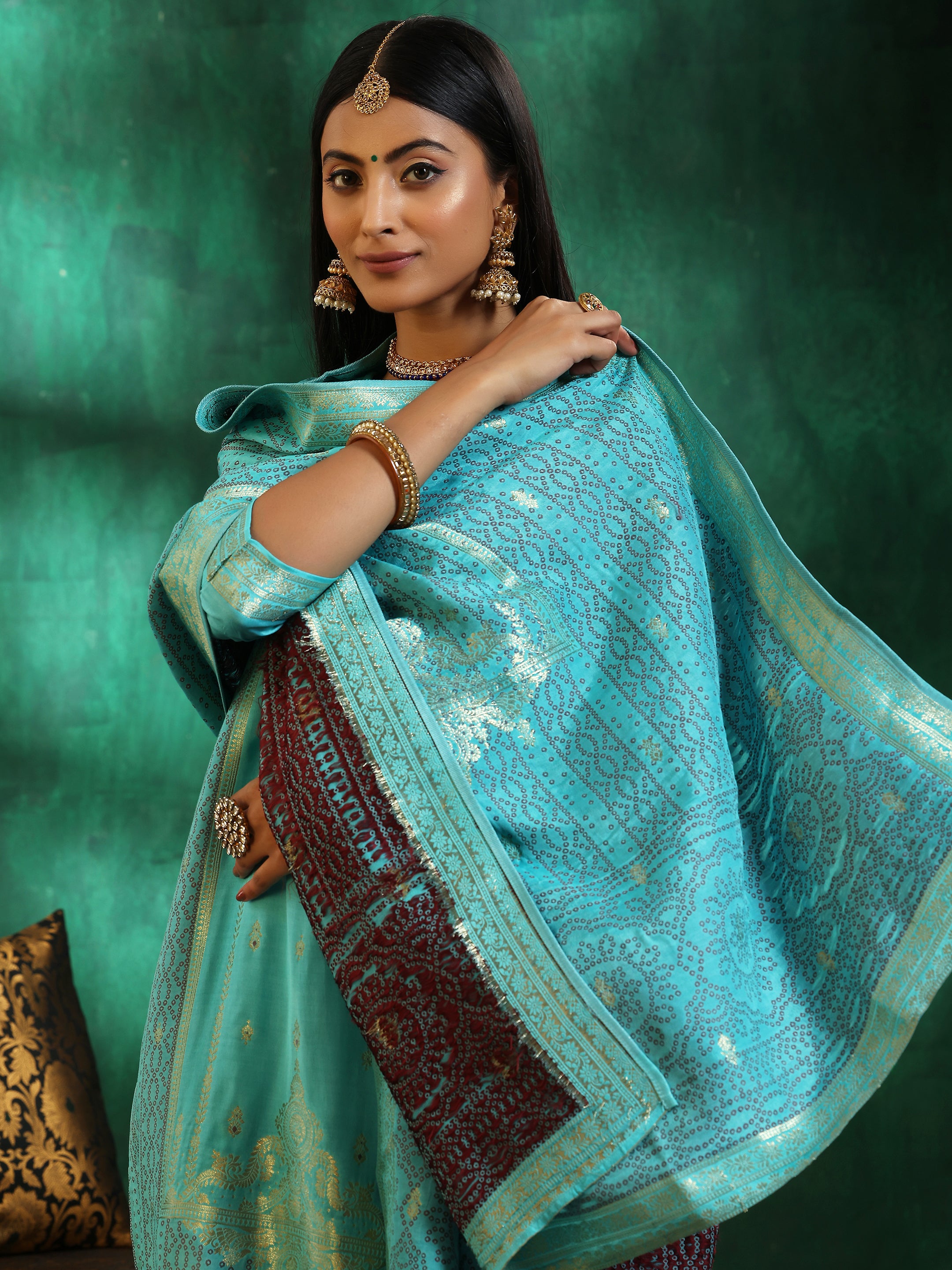 Turquoise Blue Woven Design Silk Blend Straight Suit With Dupatta