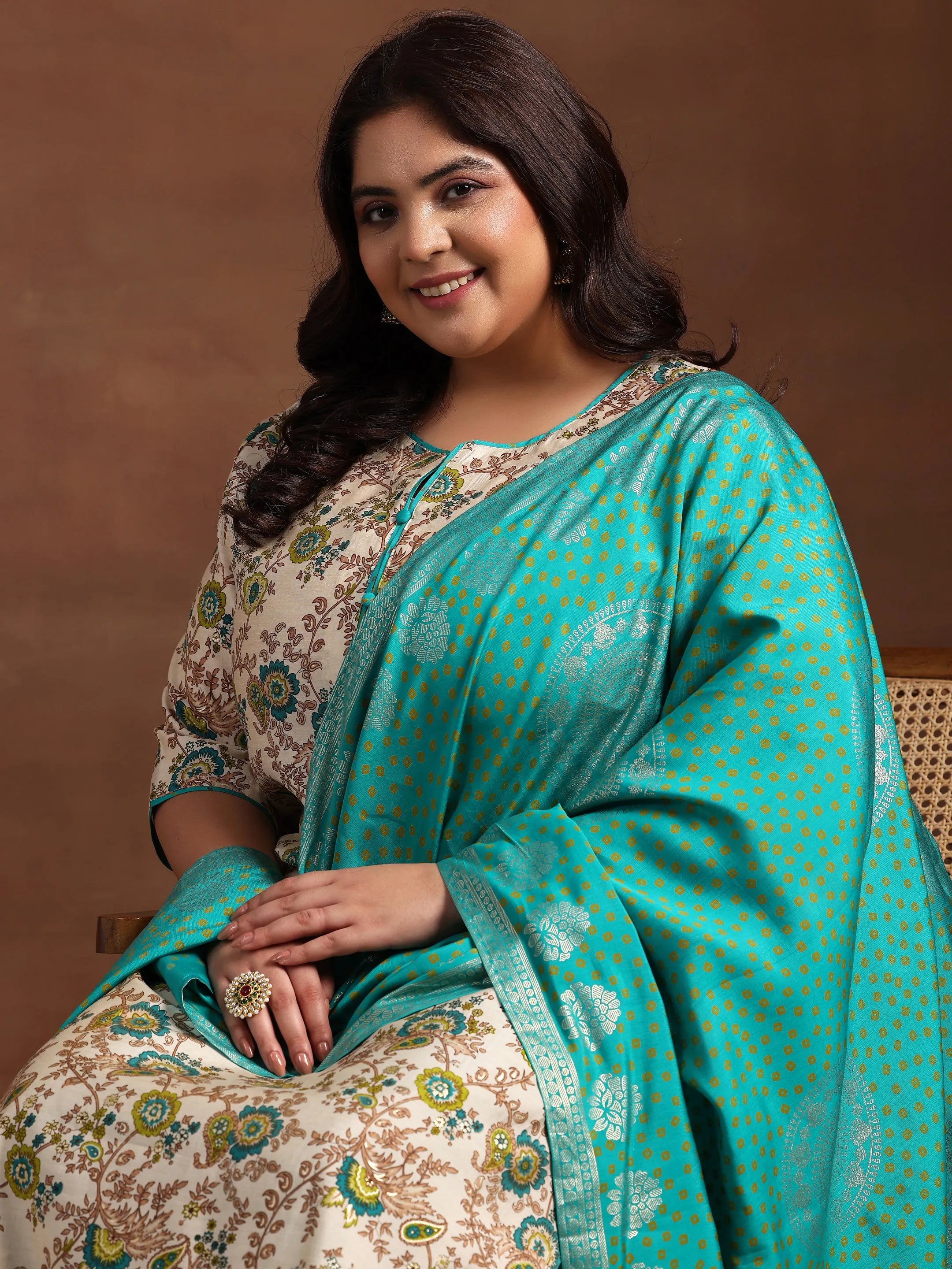 Plus Size Blue Printed Silk Blend Straight Suit With Dupatta