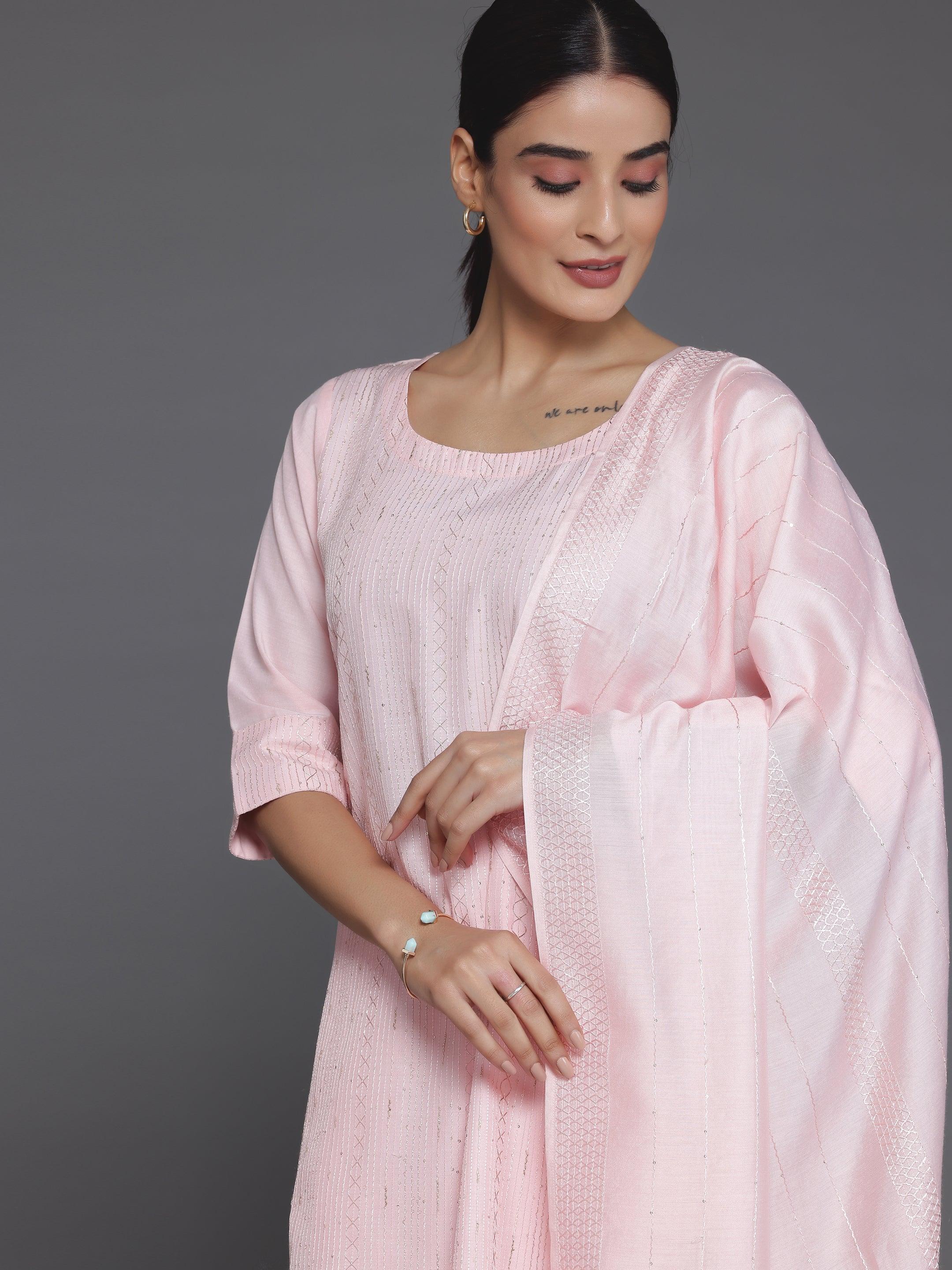 Peach Self Design Silk Blend Straight Suit With Dupatta