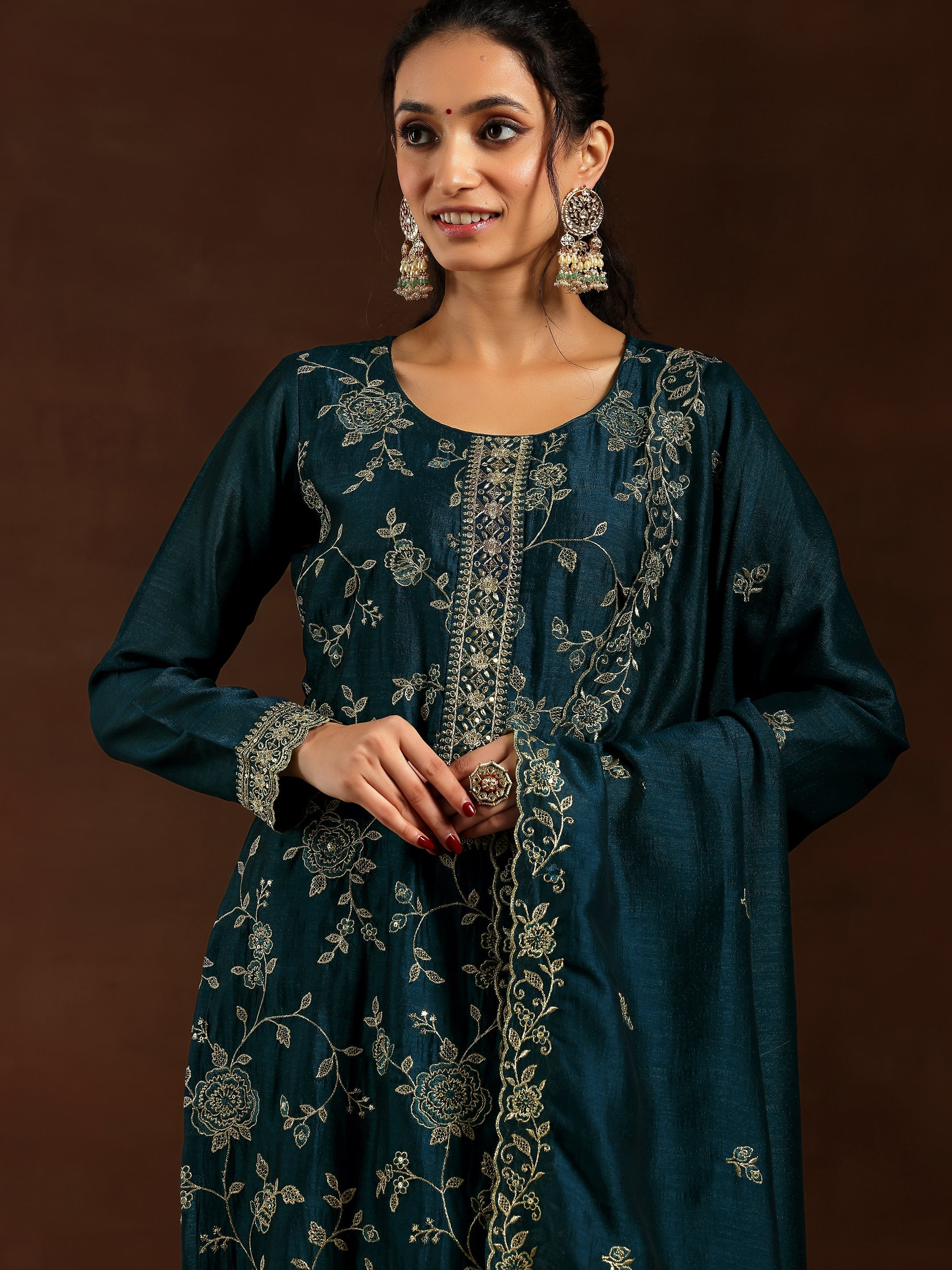 Teal Embroidered Silk Blend Straight Suit With Dupatta