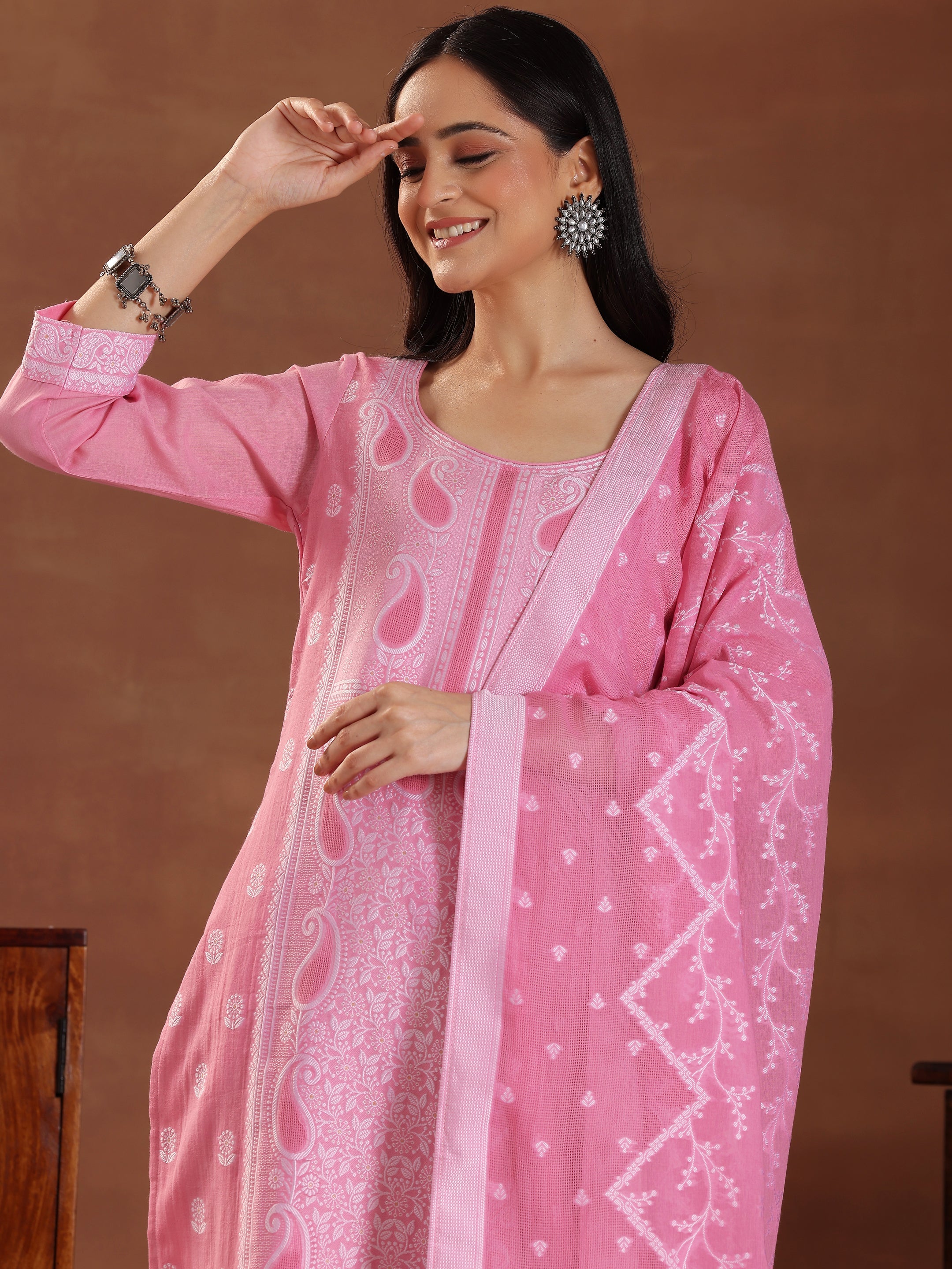 Pink Woven Design Cotton Straight Suit With Dupatta