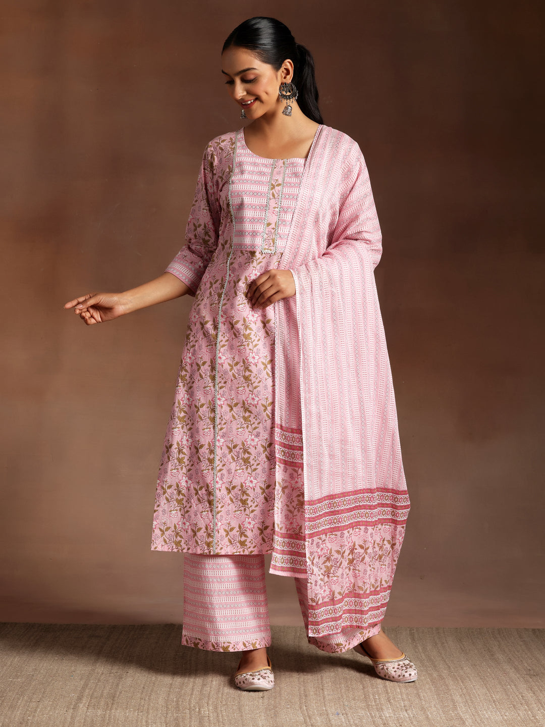 Pink Yoke Design Cotton Straight Kurta With Palazzos & Dupatta - ShopLibas