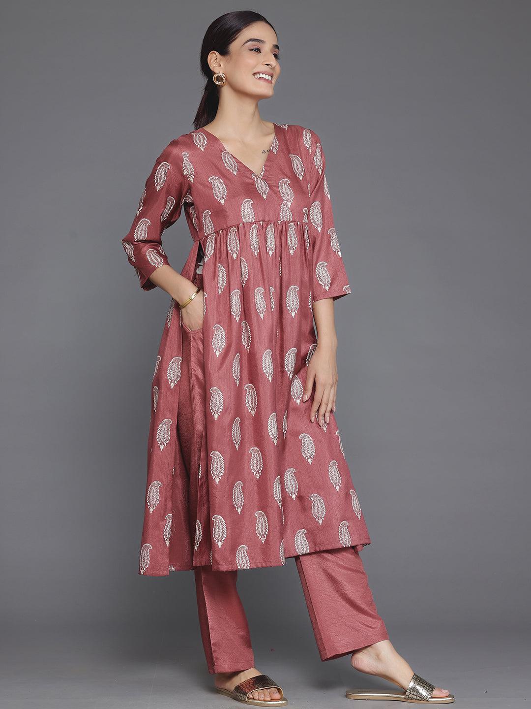 Mauve Printed Silk Blend A-Line Kurta With Trousers