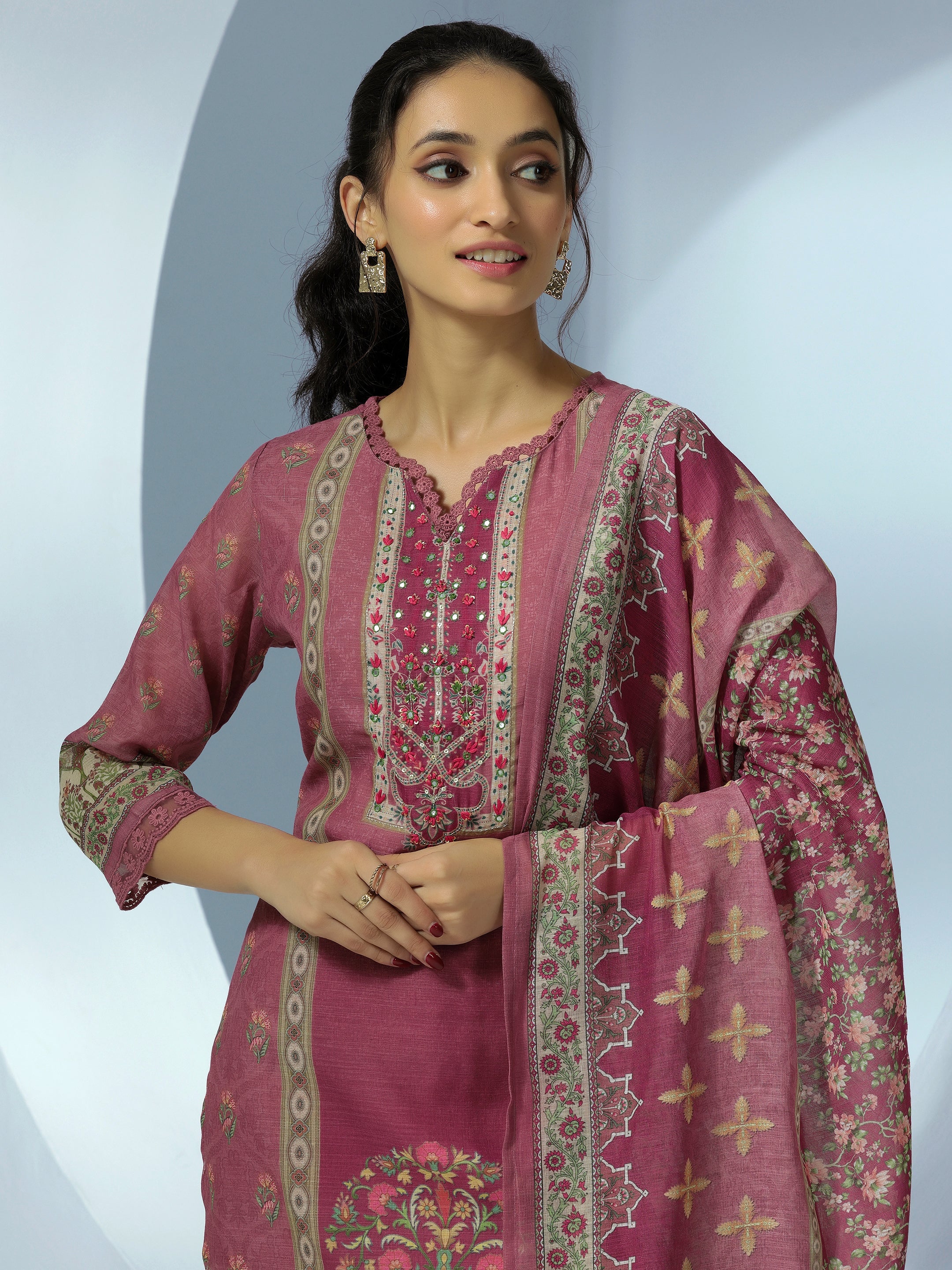 Mauve Printed Linen Straight Suit With Dupatta