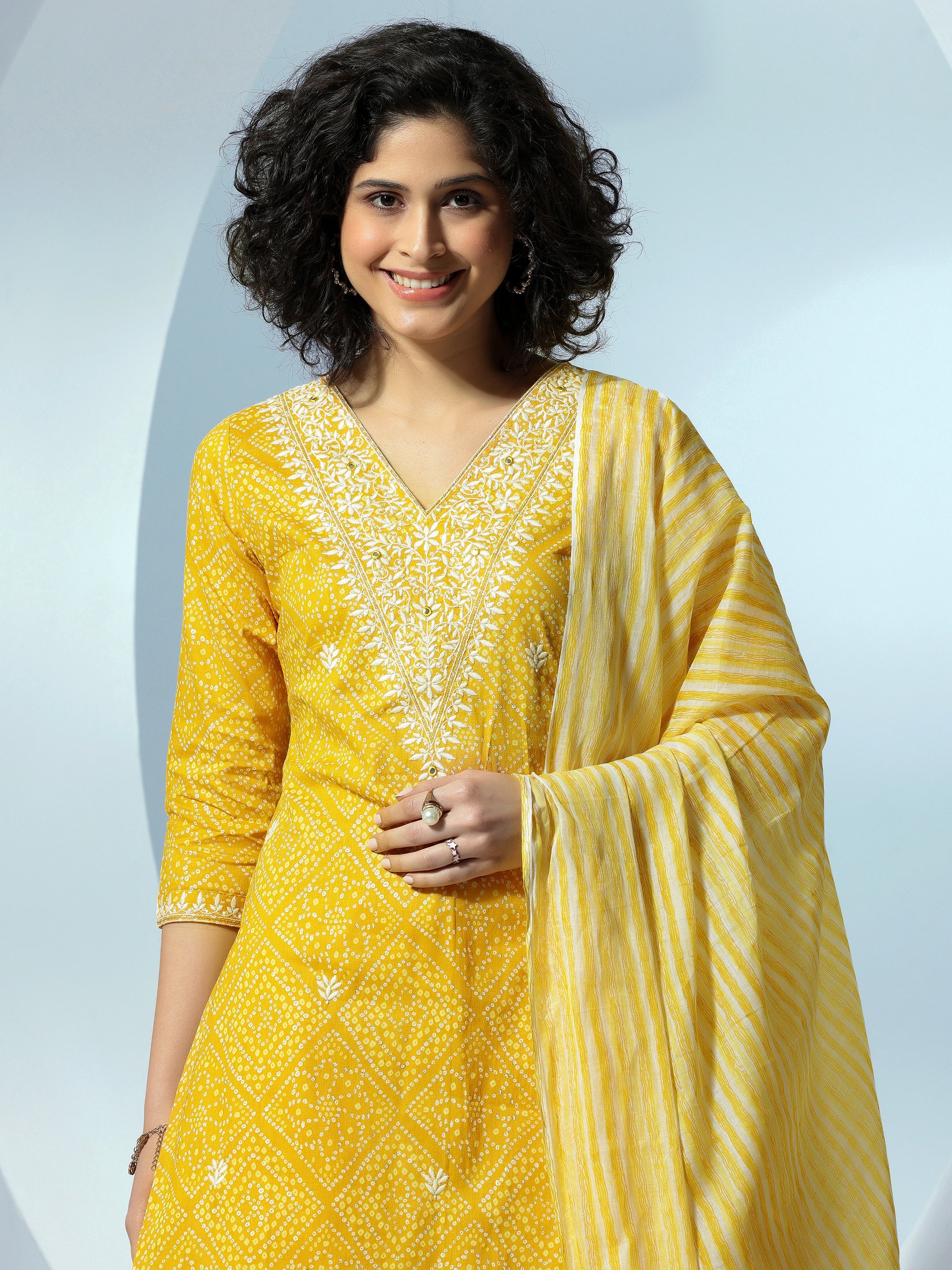 Mustard Printed Cotton Straight Suit With Dupatta