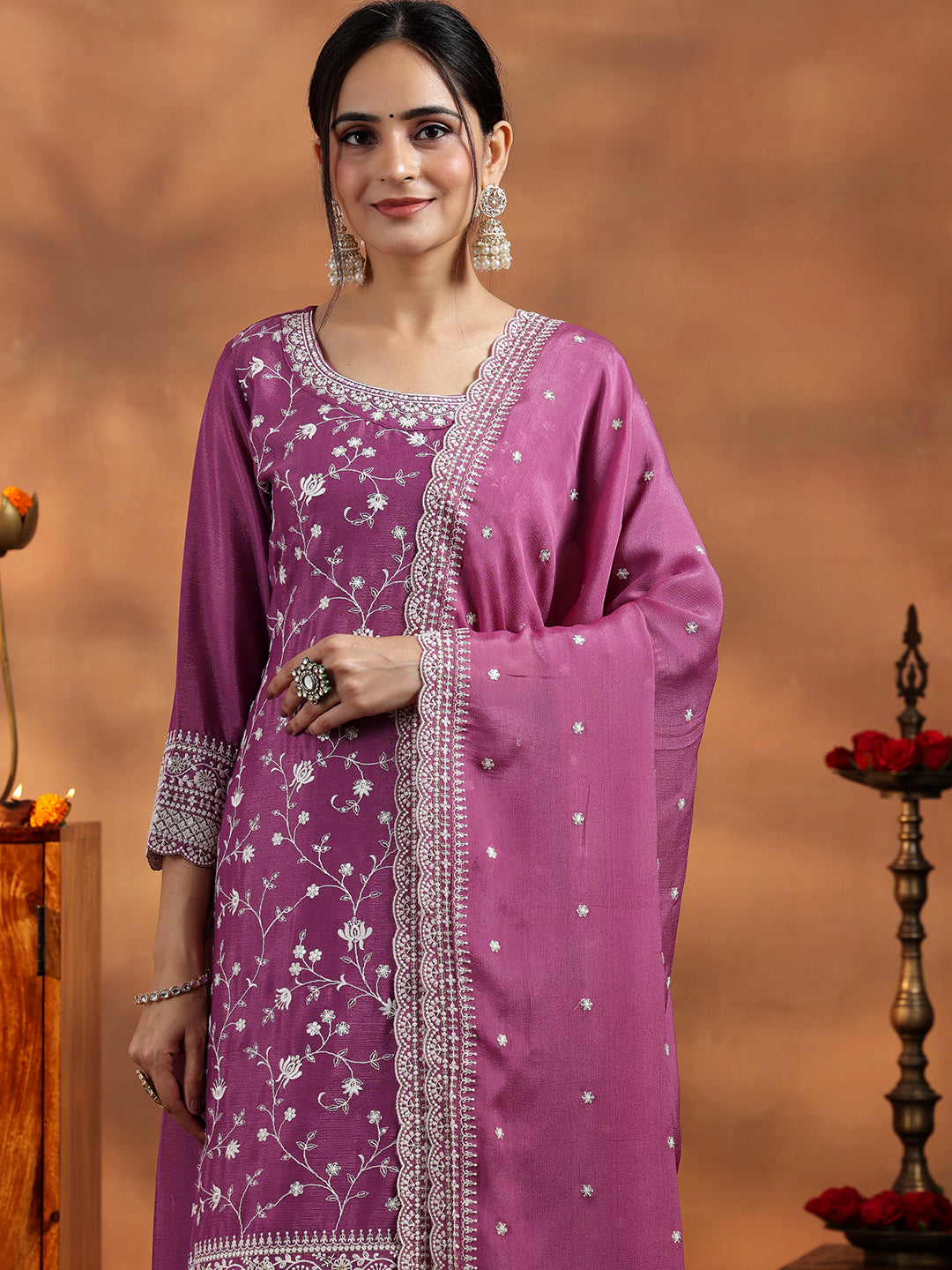 Mauve Embroidered Silk Blend Straight Suit With Dupatta