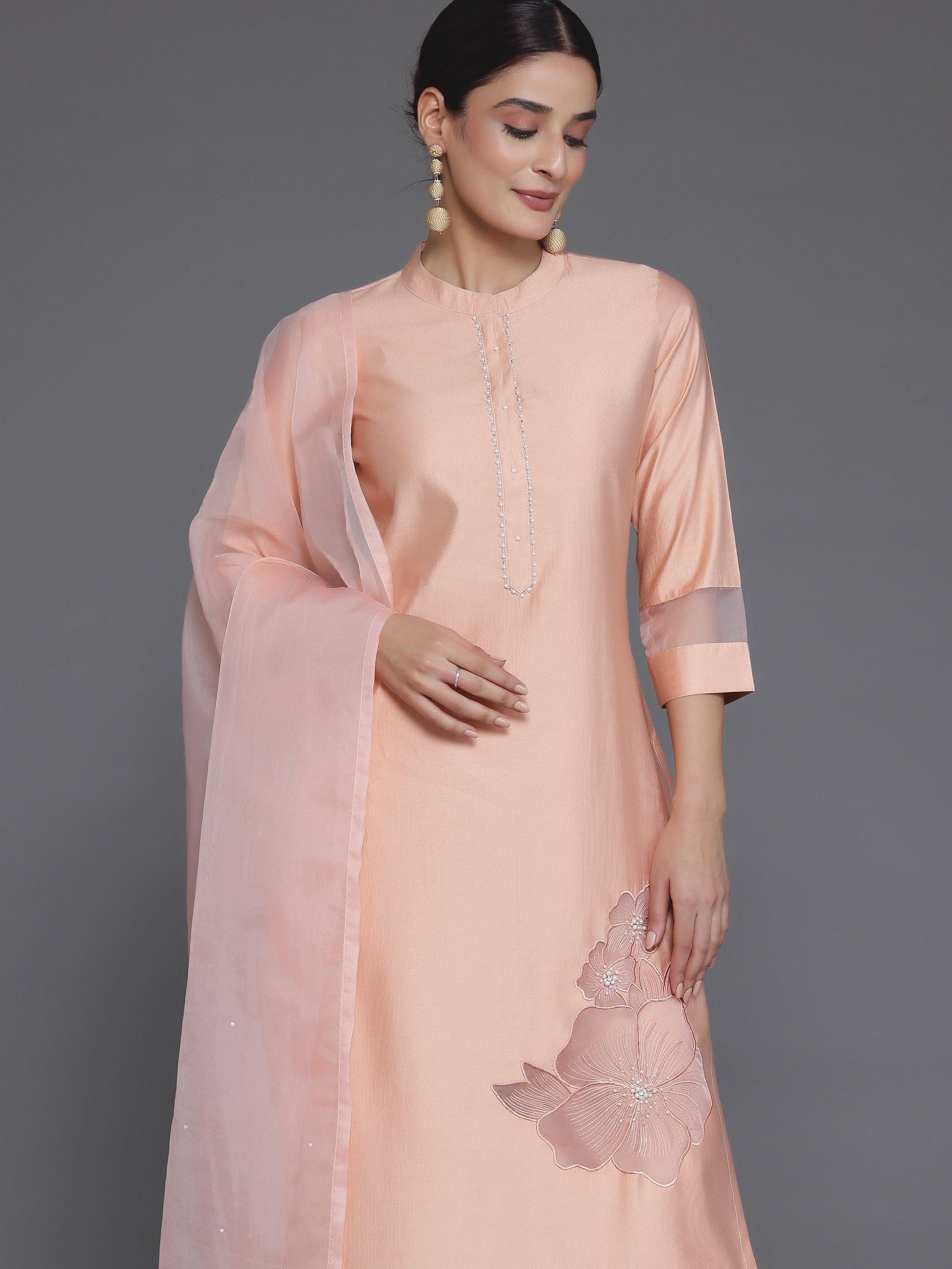 Peach Solid Silk Blend Straight Suit With Dupatta