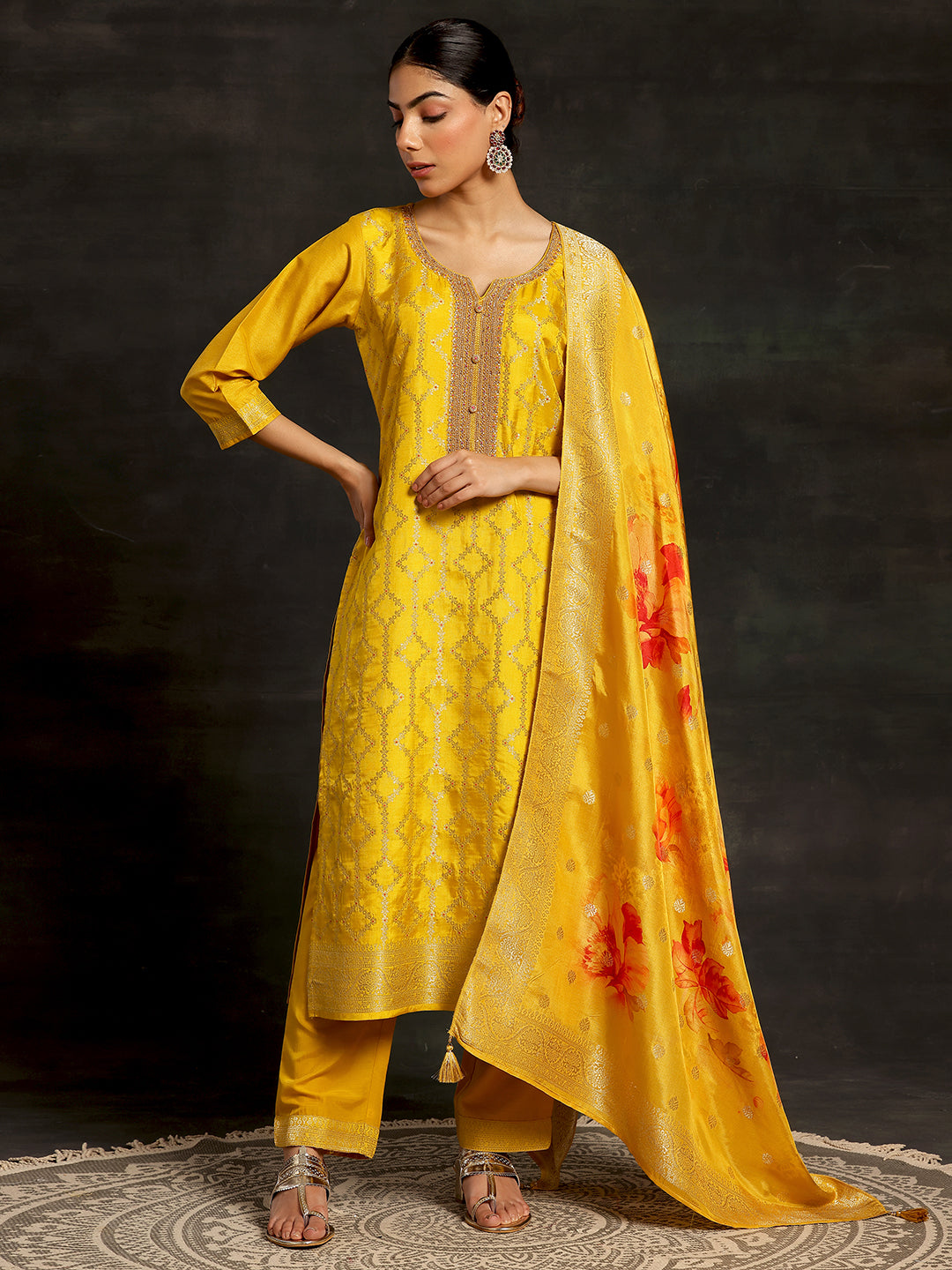 Mustard Woven Design Silk Blend Straight Suit With Dupatta