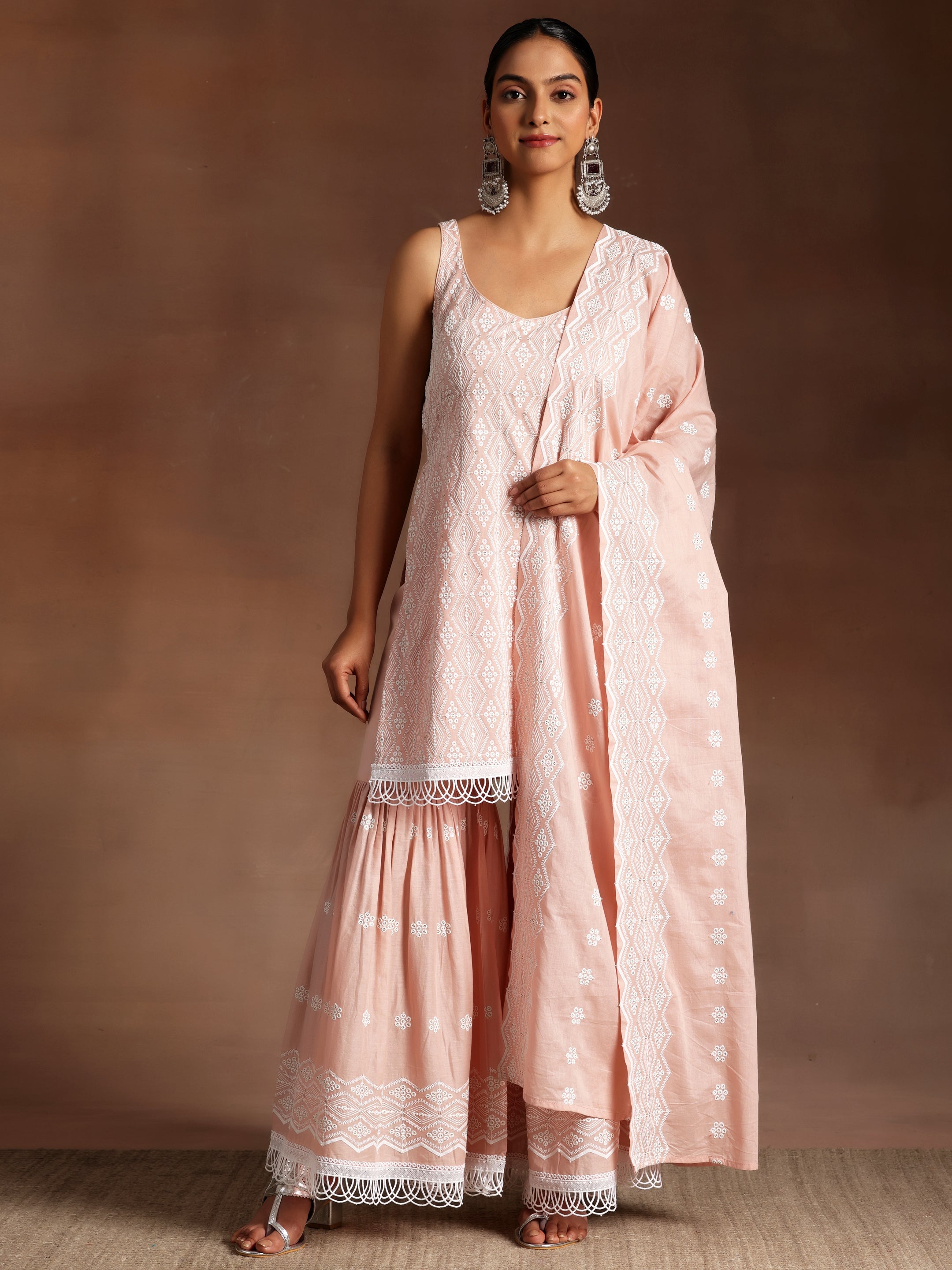 Peach Embroidered Cotton Straight Suit With Dupatta