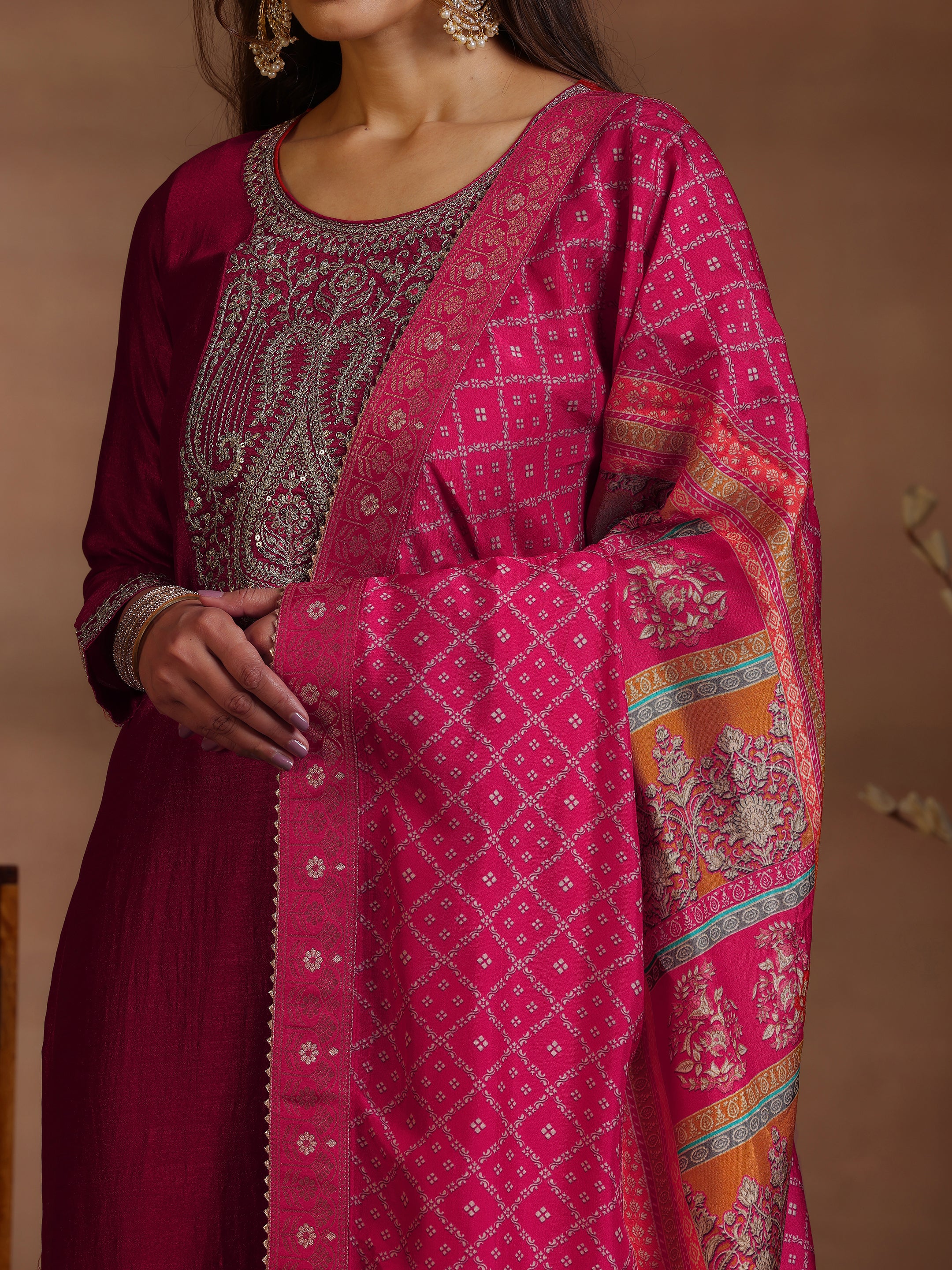 Red Embroidered Silk Blend Straight Suits With Dupatta