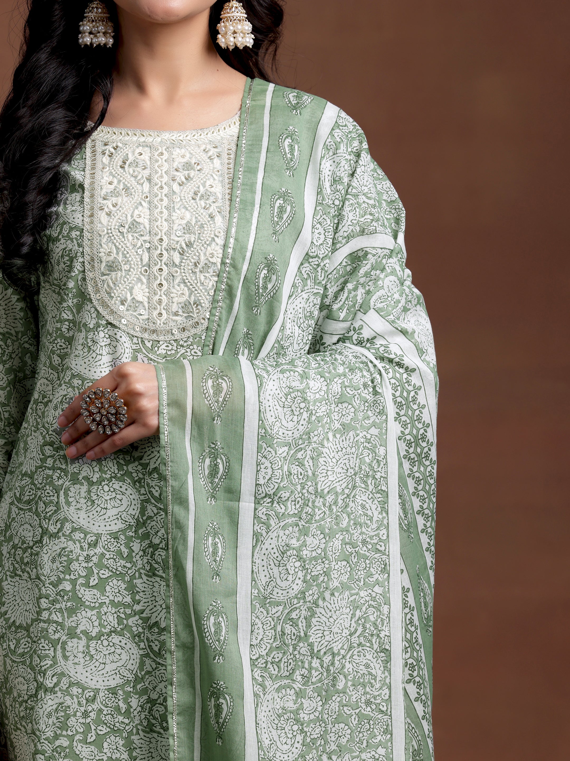 Green Yoke Design Cotton Straight Suit With Dupatta