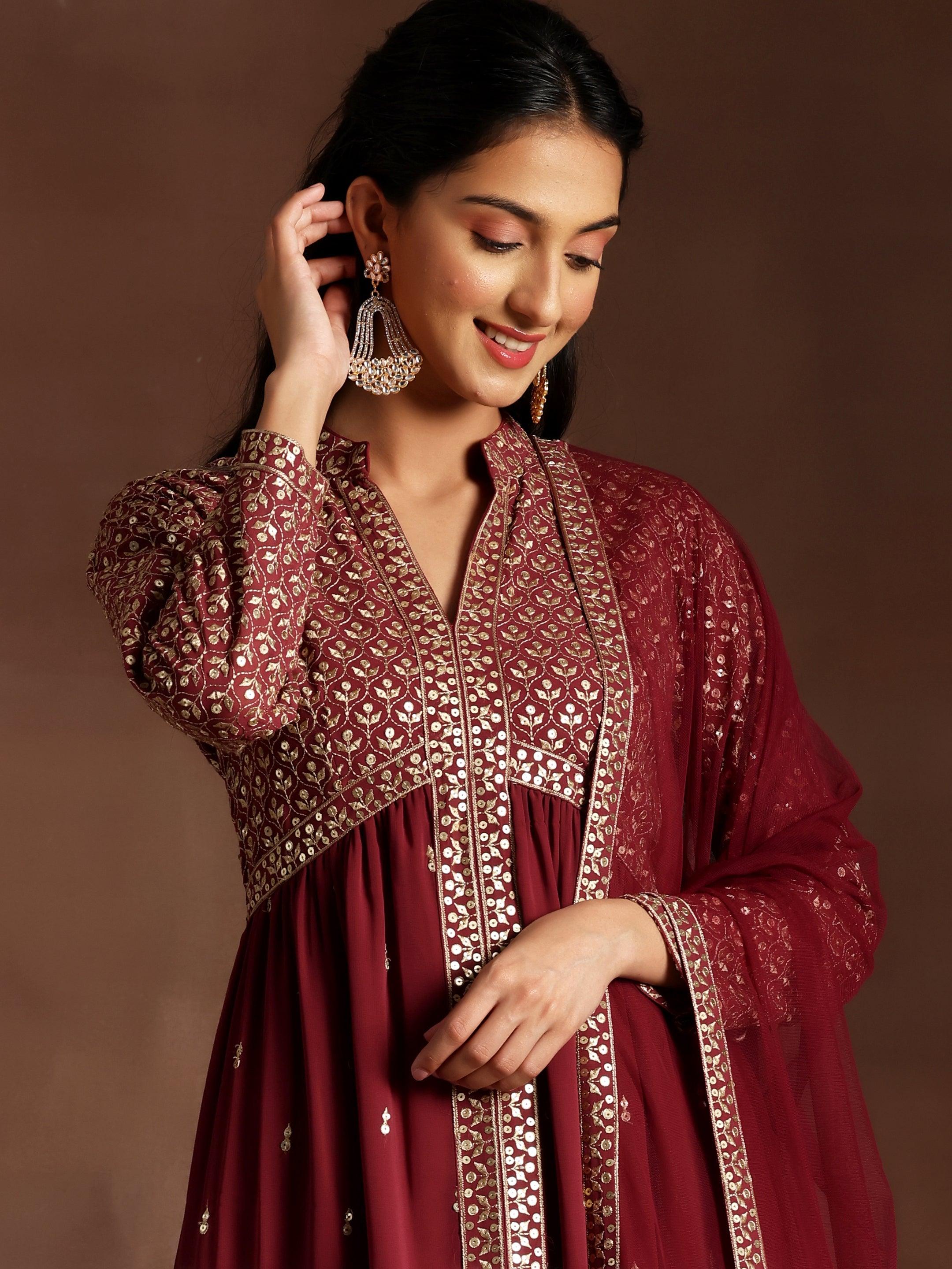 Chandni Mauve Embroidered Georgette A-Line Kurta With Trousers & Dupatta