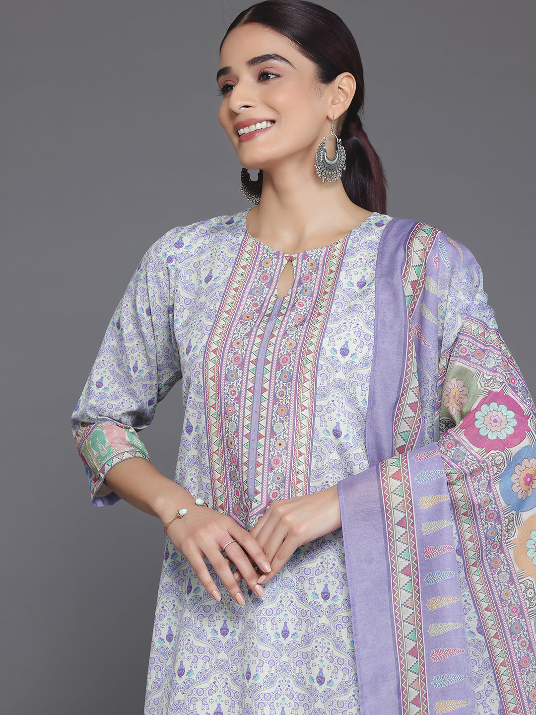 Purple Printed Poly Crepe Straight Suit With Dupatta