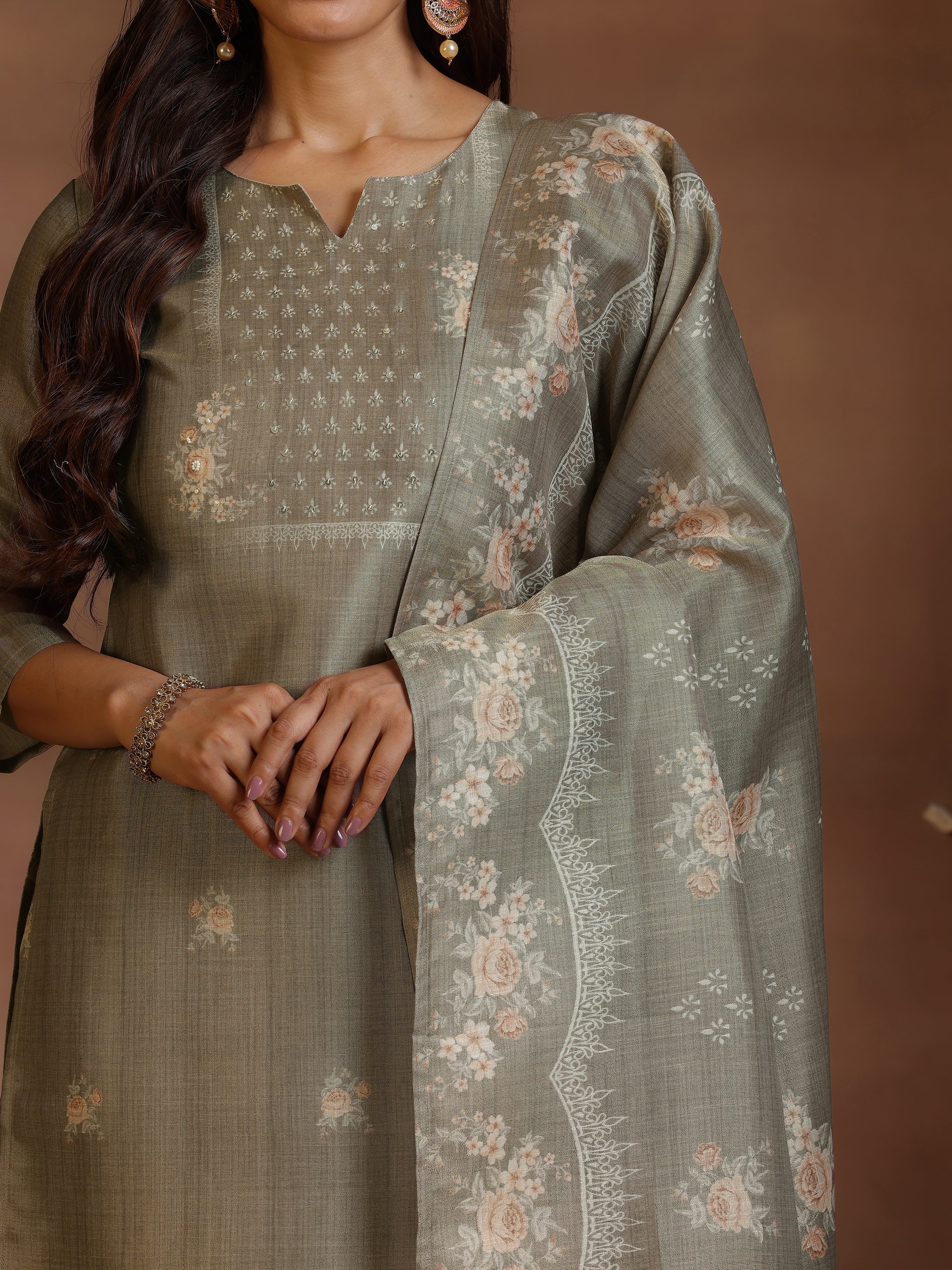 Brown Printed Silk Straight Suit With Dupatta