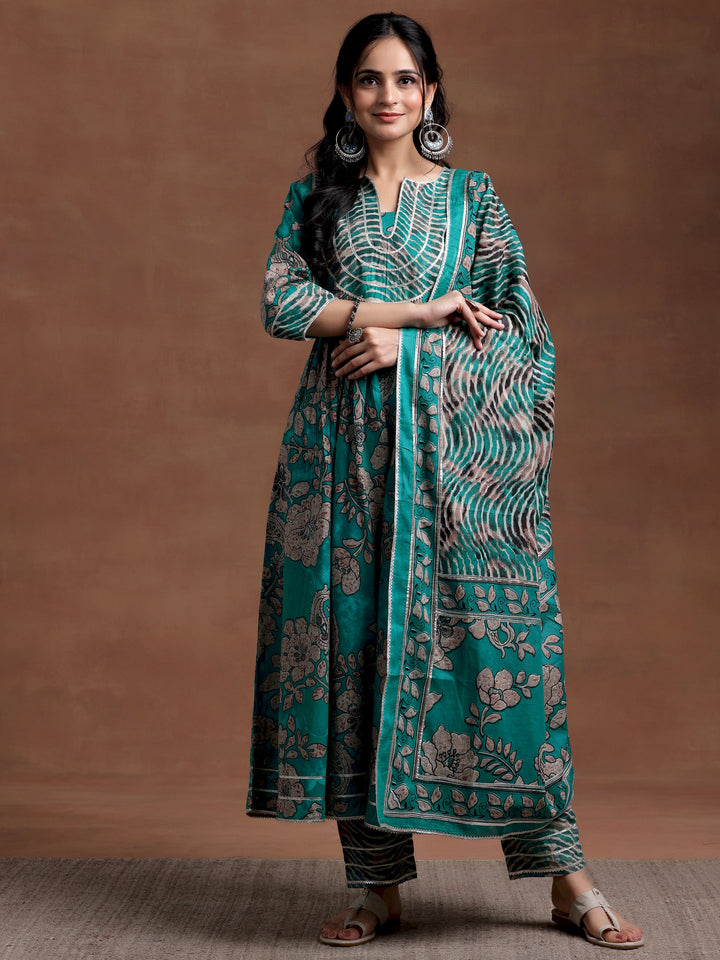 Green Printed Cotton Anarkali Suit With Dupatta