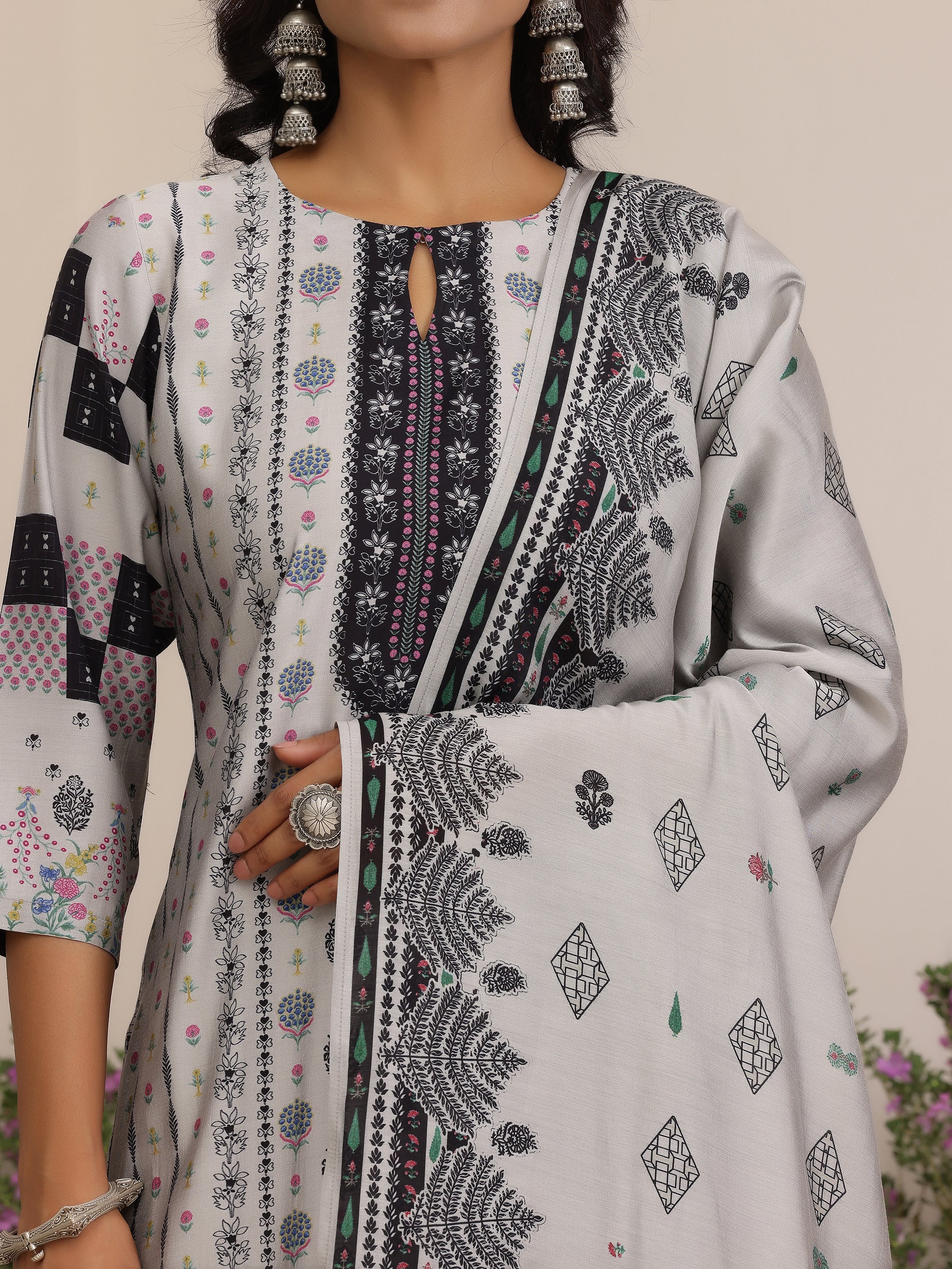 Grey Printed Silk Blend Straight Suit With Dupatta