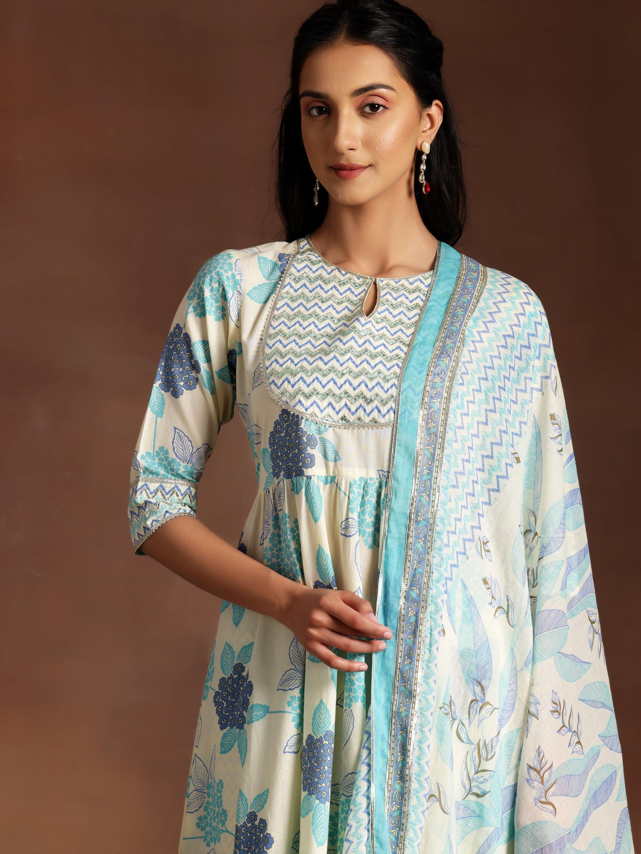 Turquoise Printed Cotton Anarkali Suit With Dupatta